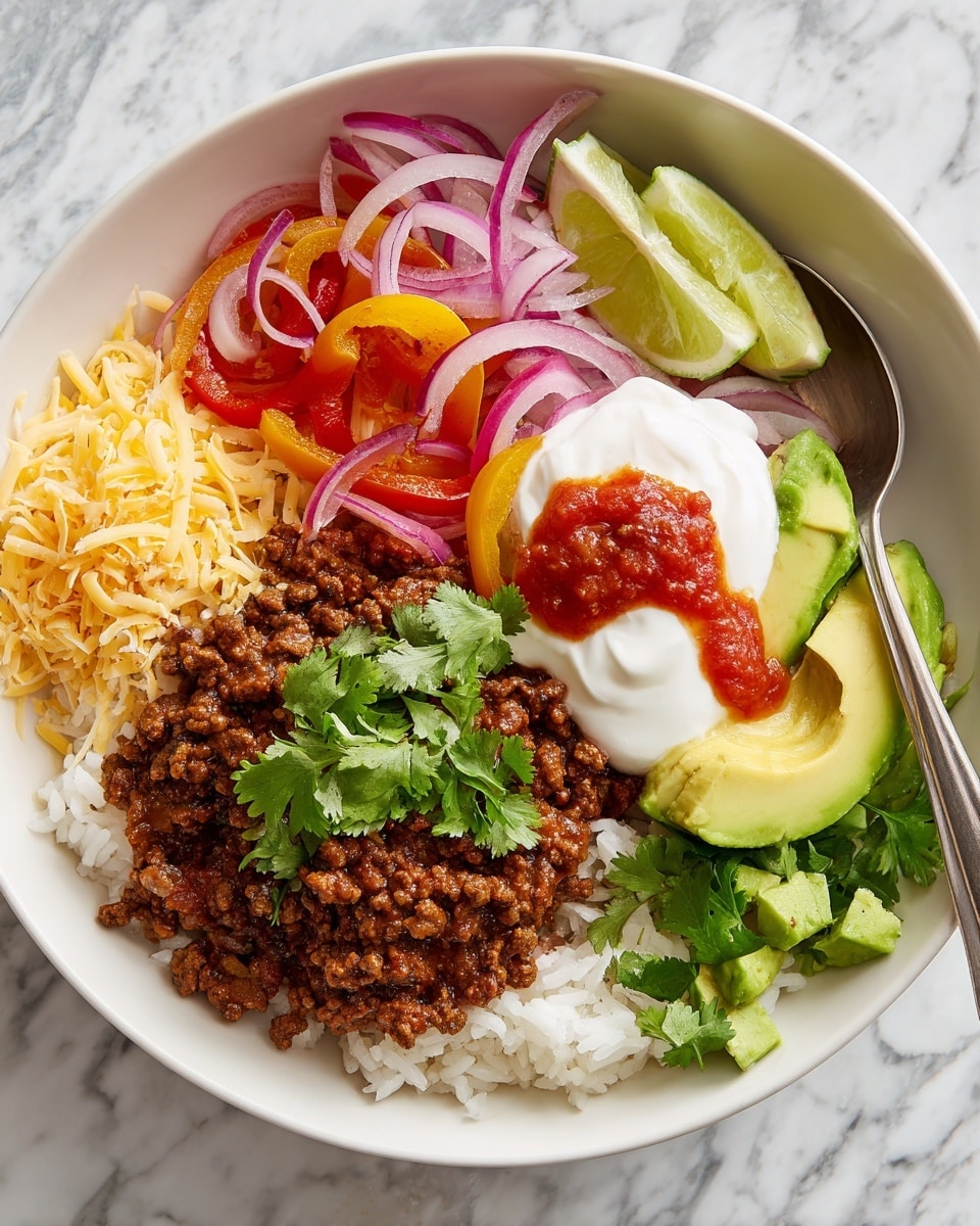 The dish is served in a white bowl on a white marbled surface, filled with several layers. The bottom layer is fluffy white rice, next to a portion of shredded pale yellow cheese on the left side. To the right of the cheese, there is a scoop of smooth white sour cream topped with a swirl of bright red salsa. Above, a generous layer of cooked dark brown ground meat mixed with red and yellow bell pepper slices lies across the bowl. On top of that, thin rings of light purple onion are scattered, with fresh green cilantro leaves sprinkled throughout. On the right edge, there are small chunks of fresh green avocado, and in the back, a few slices of light yellow lime add a fresh touch. A silver spoon rests partially inside the bowl. photo taken with an iphone --ar 4:5 --v 7