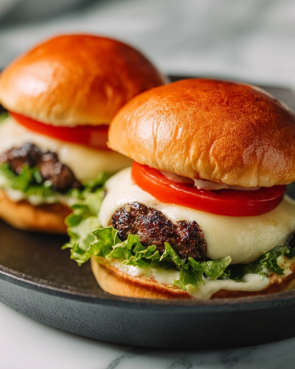 Two cheeseburgers sit side by side on a black cast-iron pan over a white marbled surface. Each burger has a shiny golden brown top bun. Below the bun, there is fresh green lettuce and a thick red tomato slice. Under the tomato is melted white cheese covering a well-cooked beef patty with grill marks. The bottom bun is golden and soft, holding a layer of mayonnaise or sauce. The overall look is fresh and juicy. Photo taken with an iphone --ar 4:5 --v 7