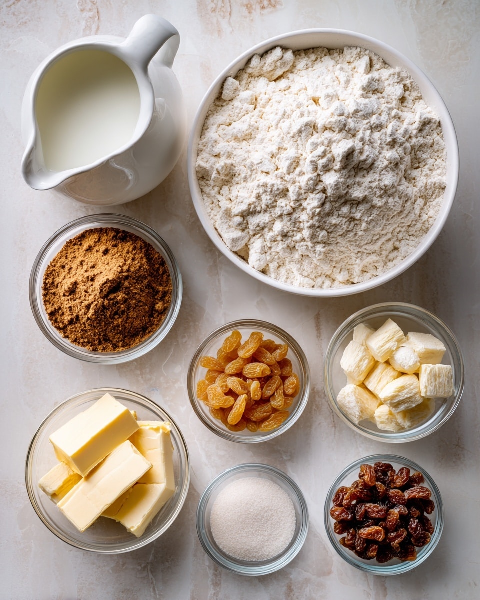 The image shows several small white bowls and a white pitcher arranged on a white marbled surface. Starting from the top left, there is a white pitcher filled with milk, next to a large white bowl heaped with bread flour that has a rough, powdery texture. Below are smaller clear glass bowls holding brown sugar with a coarse grain texture, cinnamon powder which is fine and brown, white salt crystals, golden raisins that are wrinkled, creamy yellow butter pieces, and fine beige instant yeast. Each ingredient is clearly labeled with simple black text on a white background stuck over the items. photo taken with an iphone --ar 4:5 --v 7