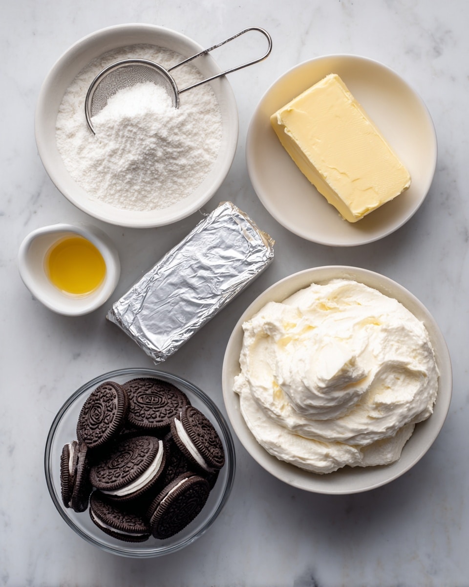 A white marbled surface holds five ingredients arranged with space between them: a white bowl filled with bright white powdered sugar and a small metal sifter resting inside it at the top left; a small white cup with golden yellow melted butter in it sits at the top right; in the center is an unwrapped block of smooth, creamy white cream cheese in silver foil; at the bottom left is a clear glass bowl filled with whole dark brown Oreo cookies with white filling clearly visible; at the bottom right is a white bowl with soft, fluffy white whipped topping spread evenly inside it. photo taken with an iphone --ar 4:5 --v 7