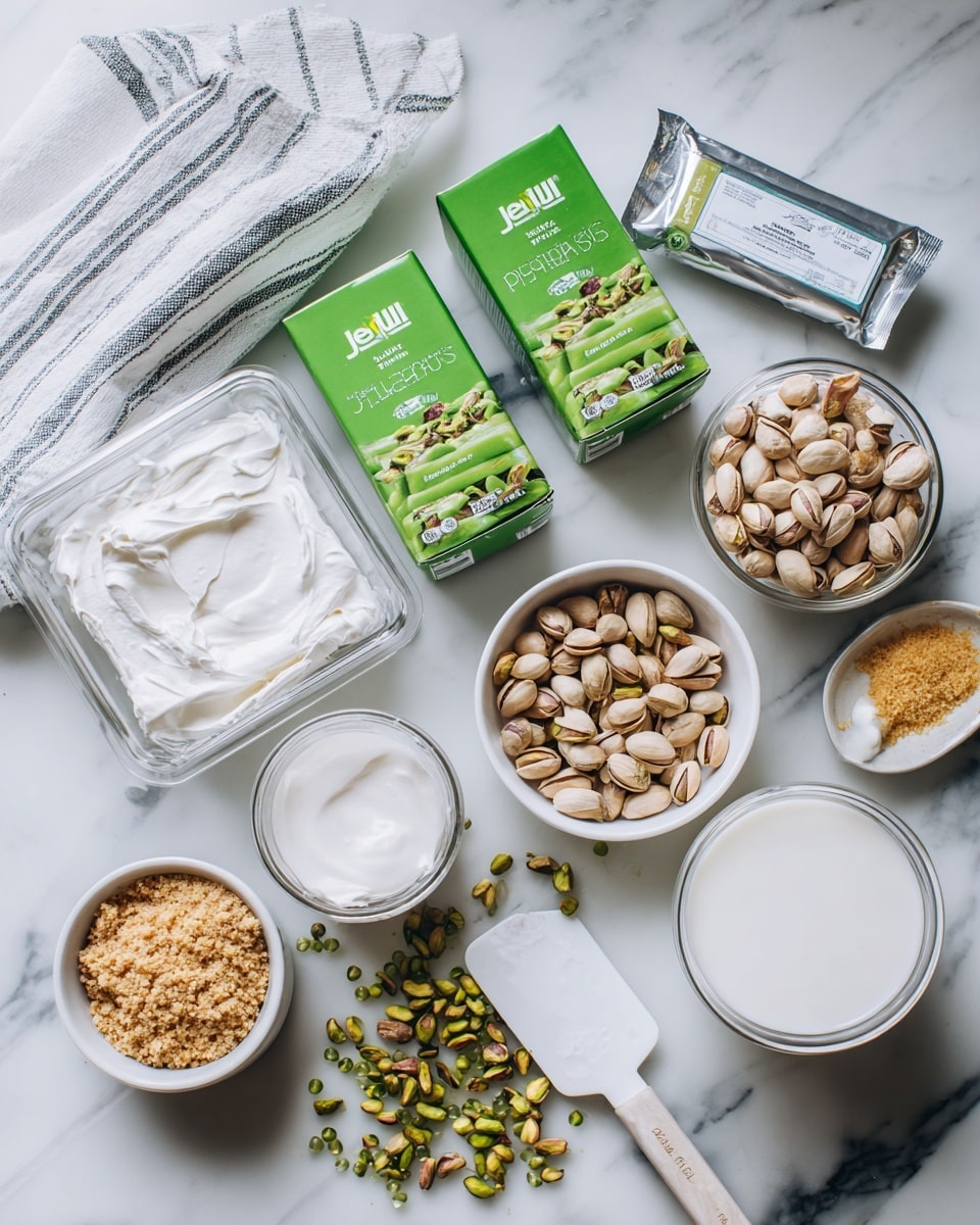 The image shows various ingredients for a pistachio dessert arranged neatly on a white marbled surface. There are two green JELL-O pistachio boxes placed near a folded white and grey striped cloth. Next to them is a silver packet of cream cheese. Around these are small white bowls and a clear container filled with shelled pistachios, whipped white topping, granulated sugar, golden salted butter, crushed light brown graham cracker crumbs, and whole milk in a clear cup. A white spatula lies at the bottom right on the marbled surface, with green beads scattered across the scene. photo taken with an iphone --ar 4:5 --v 7