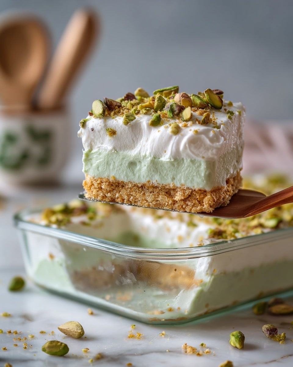 The image shows a square piece of a layered dessert being lifted by a spatula from a clear glass dish on a white marbled surface. The dessert has three layers: a bottom golden-brown crumbly crust, a thick middle pale green creamy layer, and a top thick white creamy layer sprinkled with chopped pistachios. The rest of the dessert remains in the glass dish, with the empty space where the piece was taken out clearly visible. The background is softly blurred with a faint wooden utensil and some green decorations. Photo taken with an iphone --ar 4:5 --v 7