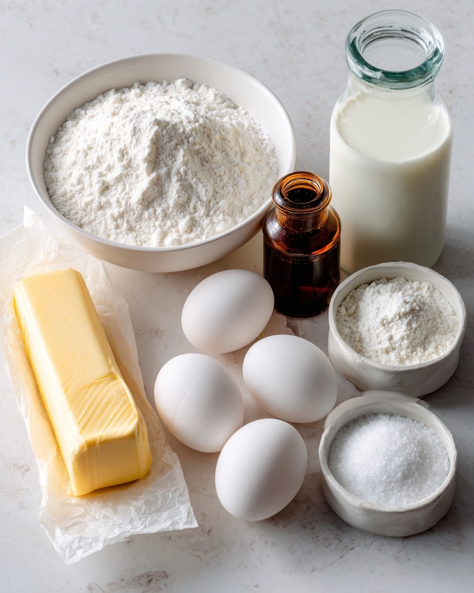 This image shows several baking ingredients arranged on a white marbled surface. There are three white eggs placed in front of a white stick of unsalted butter wrapped in yellow paper. Behind the eggs and butter, there is a white bowl filled with white flour and another white bowl filled with white granulated sugar. A small brown bottle of vanilla extract is placed next to a small white bowl containing a mix of white powdery ingredients, likely baking powder and salt. On the right side of the image, there is a clear glass bottle filled with white milk. The arrangement is neat and the colors are soft, with mostly white tones except for the yellow butter wrapping and brown vanilla bottle. Photo taken with an iphone --ar 4:5 --v 7