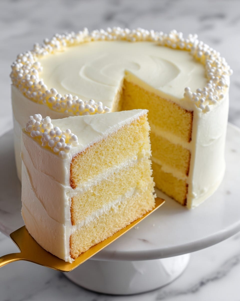 A round, white frosted cake with two thick layers of light yellow sponge separated by a thin layer of white frosting, and covered smoothly in the same white frosting all over its sides and top. The top edge is decorated with small white pearl-like beads. A slice of cake is being lifted by a gold-colored spatula showing the inside layers clearly. The cake sits on a white cake stand placed on a white marbled surface. Photo taken with an iphone --ar 4:5 --v 7