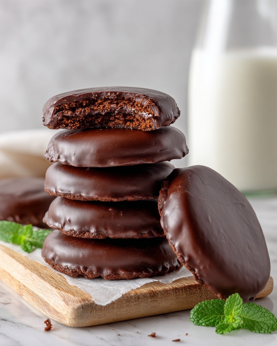 The image shows a stack of six round chocolate-covered cookies on a light wooden board placed on a white marbled surface. The cookies are dark brown with a smooth and shiny chocolate coating. The top cookie is broken in half, showing a soft, crumbly chocolate interior with a fine texture. Two more cookies lie flat near the stack, one of them partially broken. A small green mint leaf is at the lower right corner of the board. In the background, there is a glass bottle filled with milk, slightly blurred. Photo taken with an iphone --ar 4:5 --v 7