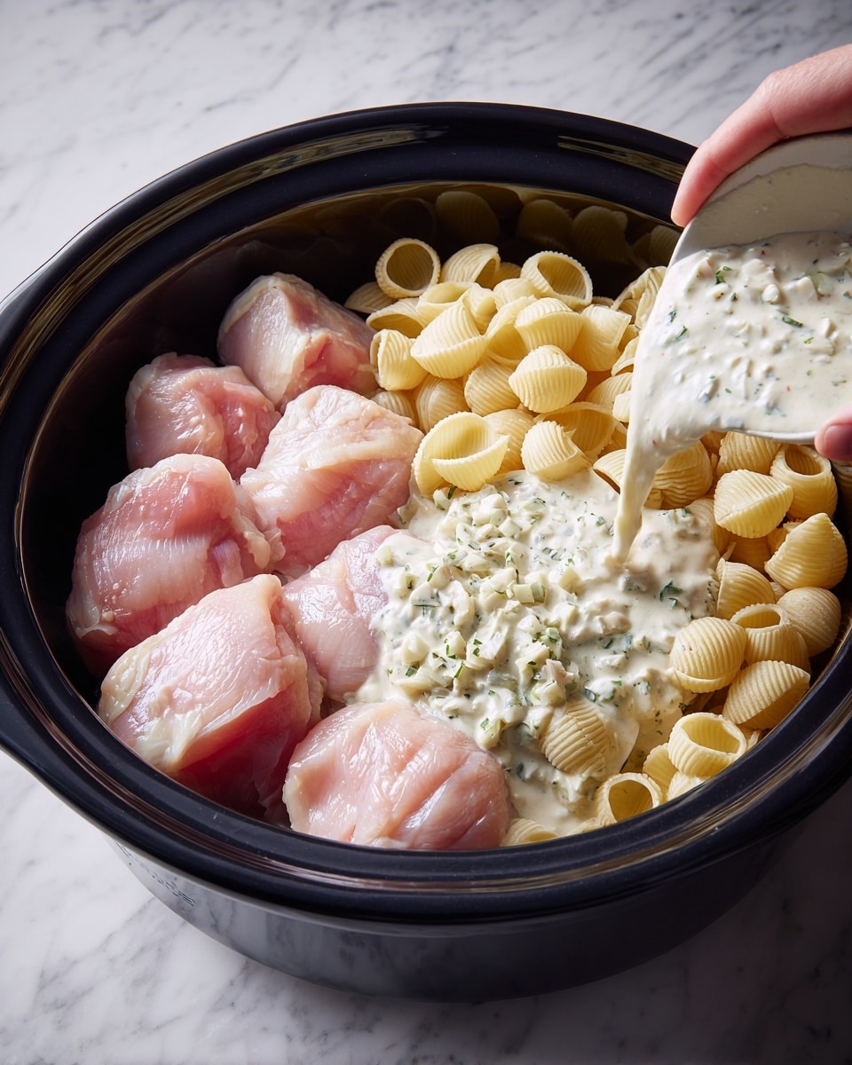 Inside a black slow cooker, four raw light pink chicken pieces are arranged on the left side, next to a heap of uncooked pale yellow pasta shells on the right. A woman's hand is pouring a thick, creamy white sauce with visible green herbs and small chunks over the chicken, creating a smooth layer that starts to cover the pieces. The background surface features a white marbled texture. Photo taken with an iphone --ar 4:5 --v 7
