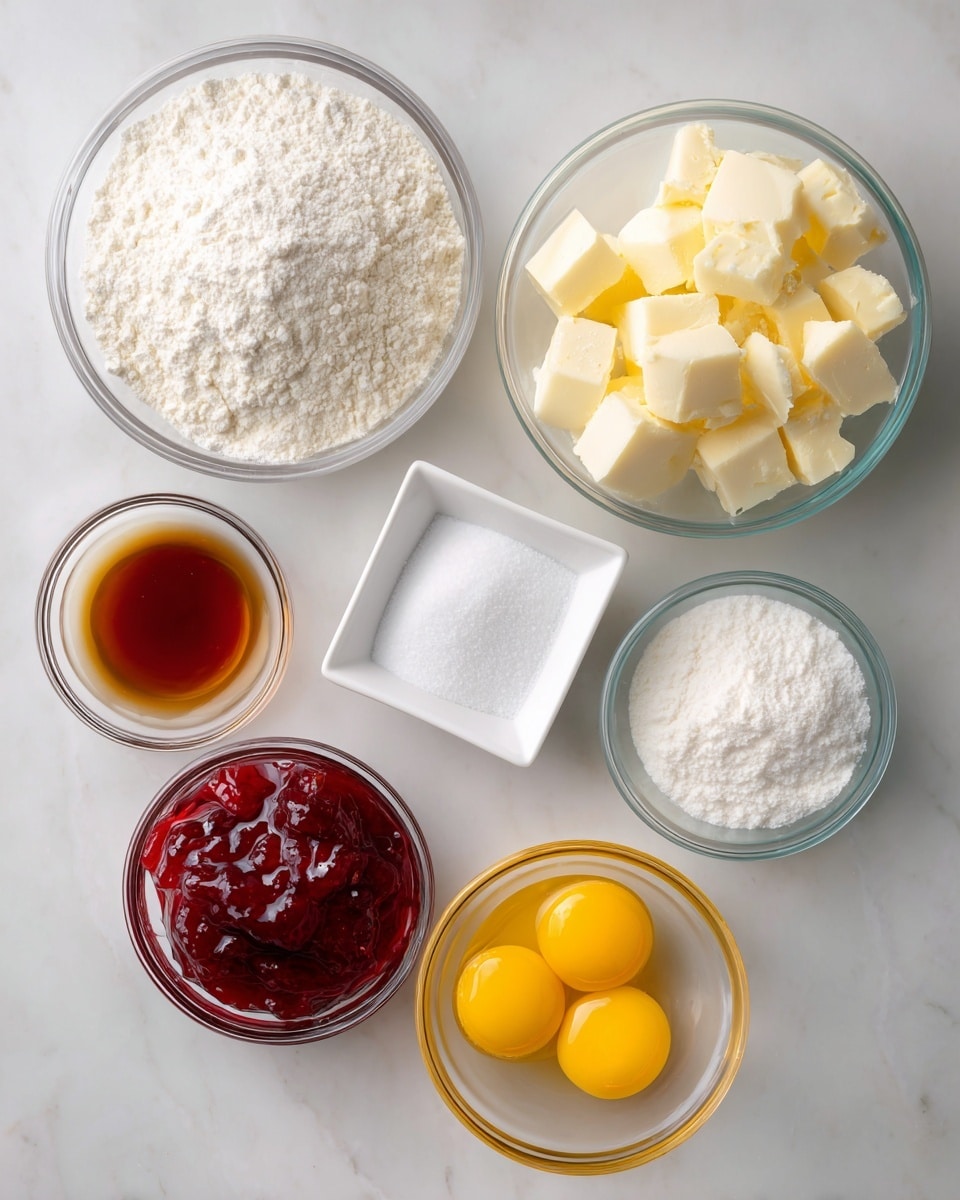 The image shows seven small white bowls and clear glass bowls with different baking ingredients placed on a white marbled surface. Starting from the top left, there is a clear glass bowl filled with white flour. To the right, a white bowl holds chunks of pale yellow butter. Below the flour, a clear glass bowl contains white granulated sugar. In the center, a small clear glass bowl is filled with red jam that has a shiny, slightly lumpy texture. To the right, a small white square dish holds white powder, likely baking powder and salt. Below the jam, a small white bowl has an amber-brown liquid, probably vanilla extract. At the bottom right, a clear glass bowl contains bright yellow egg yolks. The bowls are neatly arranged and viewed from above. Photo taken with an iphone --ar 4:5 --v 7
