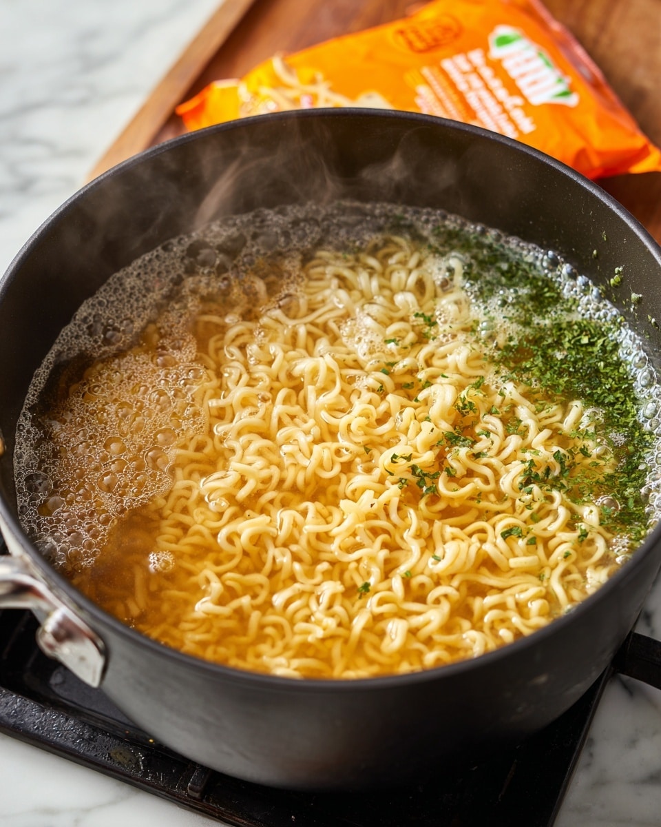 A black pot on a stove shows three layers: the bottom layer is boiling clear broth with bubbles and foam; the middle layer is yellow, curly instant noodles soaking in the broth; and the top layer is green chopped herbs floating at the edges. An orange noodle seasoning packet leans into the pot on the right side, partially submerged, with visible white and green design elements on the packet. The background is a white marbled surface and a blurred wooden board is behind the pot. Photo taken with an iphone --ar 4:5 --v 7