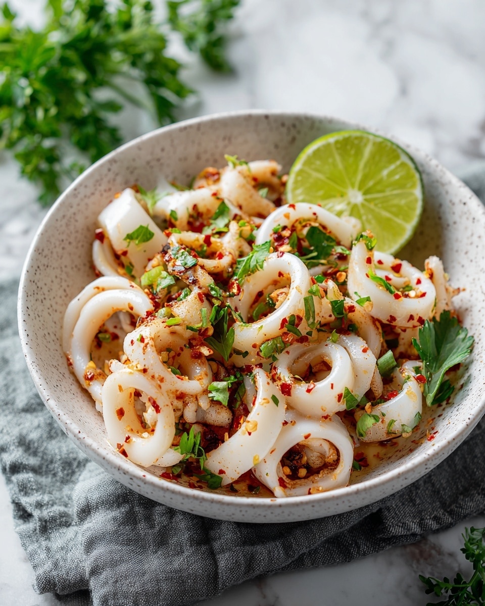 A white speckled bowl holds a dish made of white squid rings that look soft and slightly shiny. The squid is mixed with red chili flakes and small green herb pieces scattered on and around the rings. There is a slice of green lime resting on the side inside the bowl. The bowl sits on a gray cloth, and the background shows a white marbled surface with some green parsley out of focus. The overall look is fresh and spicy with a mix of white, red, and green colors. photo taken with an iphone --ar 4:5 --v 7