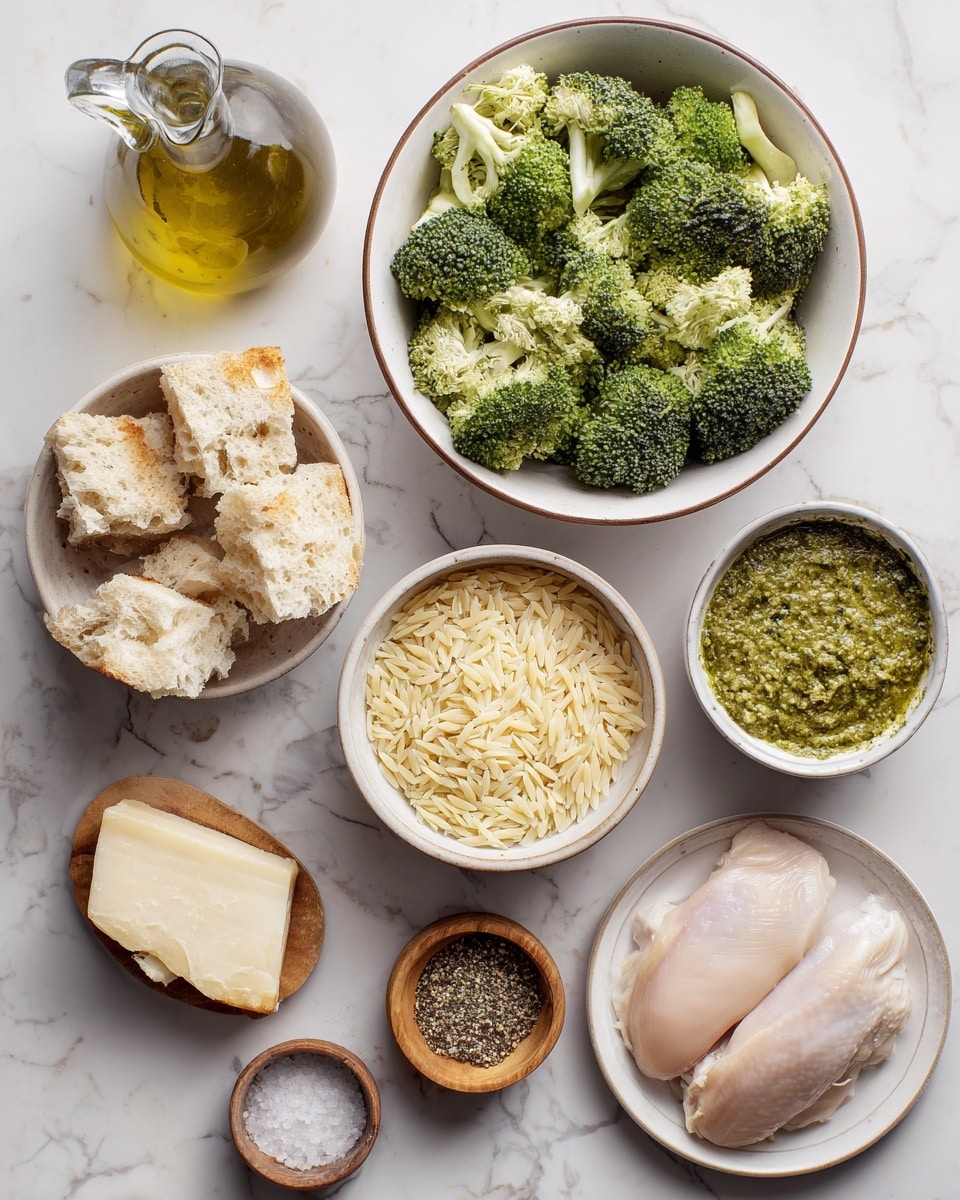 The image shows various ingredients arranged on a white marbled surface. In the center, there is a white bowl with a brown rim filled with green broccoli florets. To the right of it, there is a small white bowl holding pale yellow orzo pasta and next to it, a small white bowl with green pesto sauce. Above the orzo, there is a small white bowl filled with torn sourdough bread pieces. On the left side, there is a tall, open olive oil bottle with a metal spout. Below the olive oil, a small wooden bowl contains white flaky salt. Next to the salt, there is a block of parmesan cheese. Below the broccoli bowl, a white plate with a brown rim holds a raw chicken breast. To the right of the chicken breast plate, a small wooden bowl holds mixed seasonings in black, white, and tan colors. Below this, a small white bowl contains Caesar dressing, creamy and light in color. The composition is clean and well-lit. Photo taken with an iphone --ar 4:5 --v 7