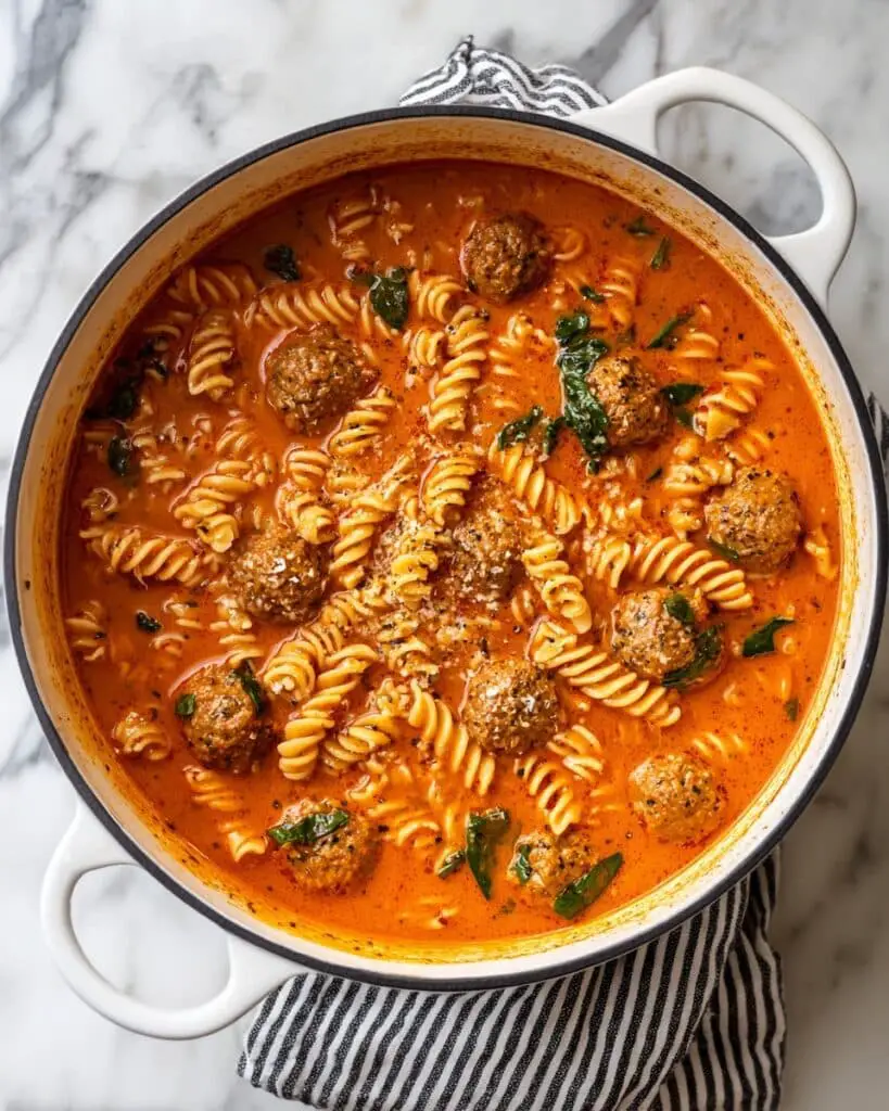 Hearty Meatball Soup with Pasta, Spinach, and Cream Recipe