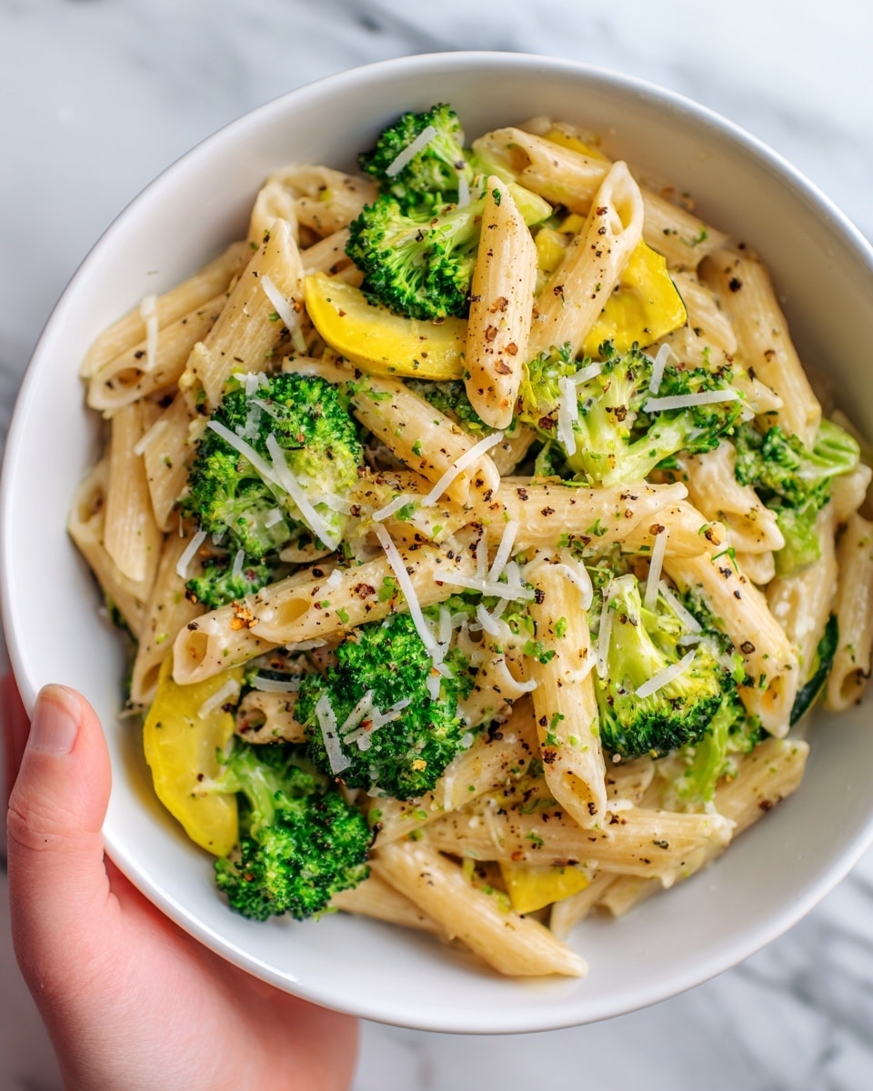 A close-up view of a bowl of penne pasta mixed with bright green broccoli florets and slices of yellow squash, all topped with thin shreds of light-colored cheese and a sprinkle of black pepper. The pasta is cooked to a light golden color and is evenly coated with a creamy sauce. The bowl is white, held by a woman's hand on the left side of the image, and the background shows a smooth white marbled surface. Photo taken with an iphone --ar 4:5 --v 7