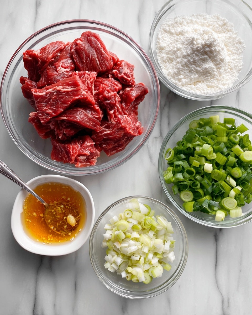 The image shows five clear glass and white dishes arranged on a white marbled surface. In the top center, there is a clear glass bowl filled with raw, red beef strips that have a slightly marbled texture. To the right of the beef, there is a smaller clear glass bowl filled with white powdery cornstarch. Below this, another clear glass bowl holds sliced green onions with bright green and white rings. On the bottom left, a small white dish contains finely chopped garlic mixed with some sliced green onions. To the left of that, a clear glass bowl contains a golden-orange liquid sauce with small bits of garlic or ginger visible, and a spoon is placed inside the bowl. photo taken with an iphone --ar 4:5 --v 7