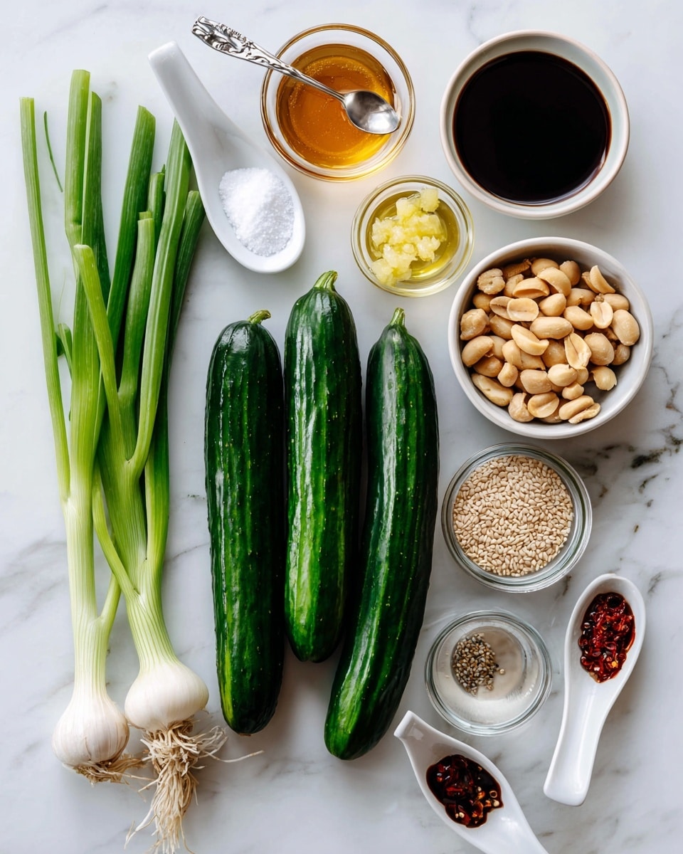 The image shows fresh ingredients arranged neatly on a white marbled surface. In the center, there are three long, dark green cucumbers side by side. To the left, three bright green onions with white roots are placed next to a small white spoon holding salt. Above the green onions, a small clear bowl holds golden honey, and below it, another small clear bowl contains minced garlic. Above the cucumbers, a white bowl is filled with dark soy sauce. To the right of the soy sauce, a white bowl contains light brown peanuts. Below that, a small clear bowl holds clear vinegar. Next to the vinegar, a white bowl is filled with pale sesame seeds. Below the sesame seeds, a small white spoon holds red pepper flakes, and next to the onions, a small clear bowl contains dark sesame oil. All ingredients are labeled with black text and playful cursive writing. Photo taken with an iphone --ar 4:5 --v 7