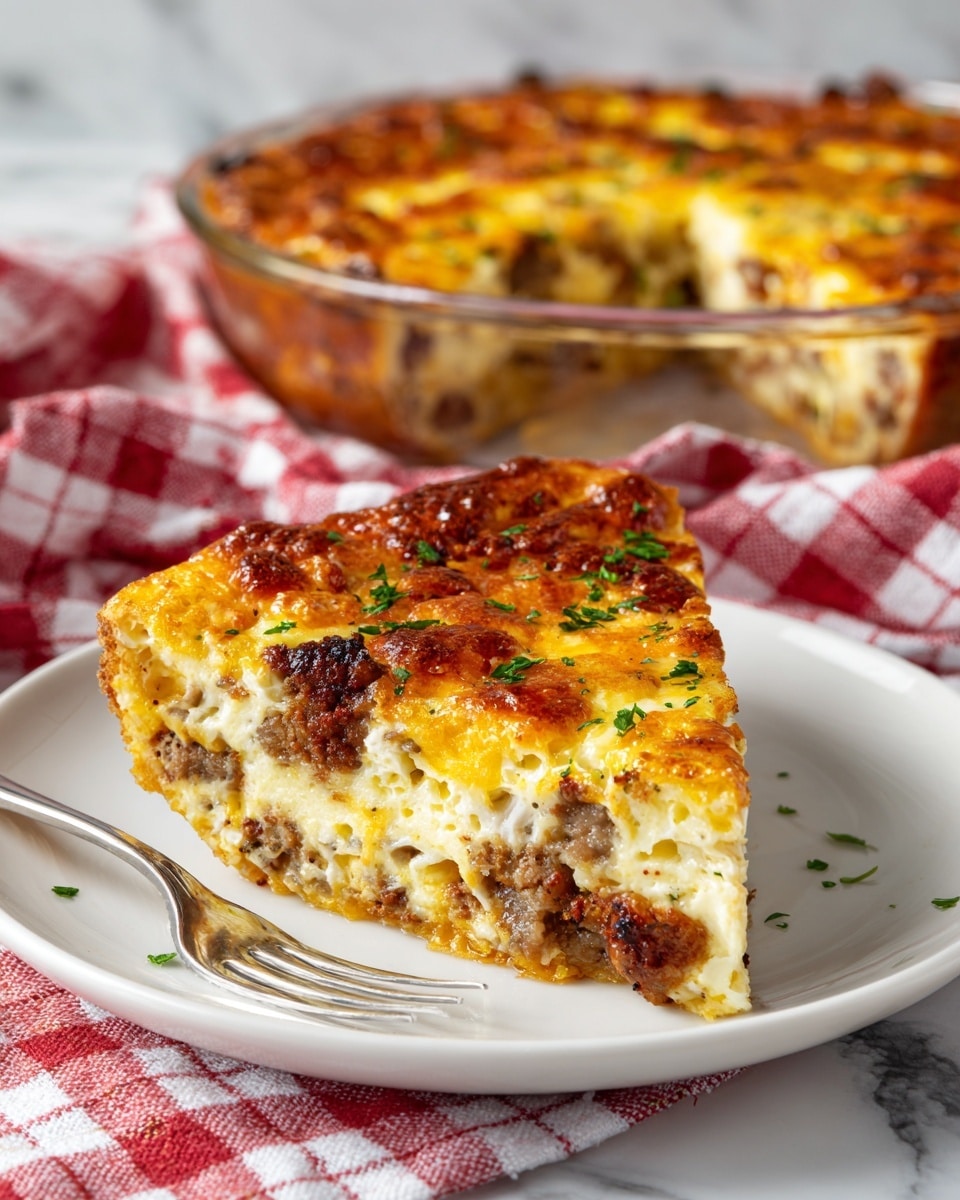 A single slice of golden-brown baked casserole is placed on a white plate, showing a thick layer with a slightly crispy top dotted with small browned spots and bits of green herbs. Inside, there is a creamy, light yellow filling mixed with melted cheese and chunks of cooked meat with a tender texture, along with visible pieces of herbs scattered throughout. In the background, a clear glass pie dish holds the rest of the casserole, its top golden and slightly textured, sitting on a white marbled surface partly covered by a red and white checkered cloth. A silver fork rests beside the plate, capturing a warm and homely food scene, photo taken with an iphone --ar 4:5 --v 7