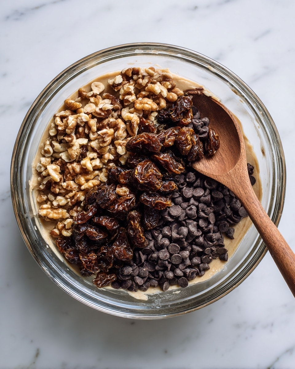 A clear glass bowl shows three layers of ingredients on top of a beige dough base; the bottom left layer is chopped light brown nuts with a rough texture, the bottom right layer is dark brown chocolate chips with a smooth shiny surface, and the top layer is dark brown chopped dates with a sticky, uneven texture. A wooden spoon with a smooth surface rests on the right edge of the bowl. The background is a white marbled surface. photo taken with an iphone --ar 4:5 --v 7