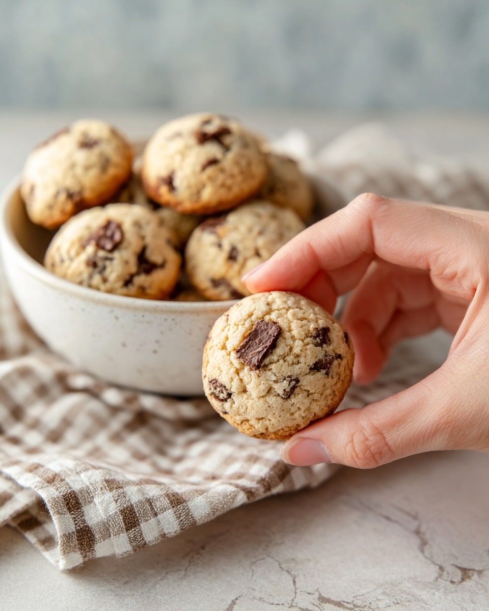 A close-up of a woman's hand holding a small, round cookie with a light golden brown color and visible chocolate chunks. The cookie looks soft with a slightly rough texture. In the background, there is a white bowl filled with more of these cookies, placed on a cloth with a checkered pattern. The setting rests on a surface with a white marbled texture. photo taken with an iphone --ar 4:5 --v 7