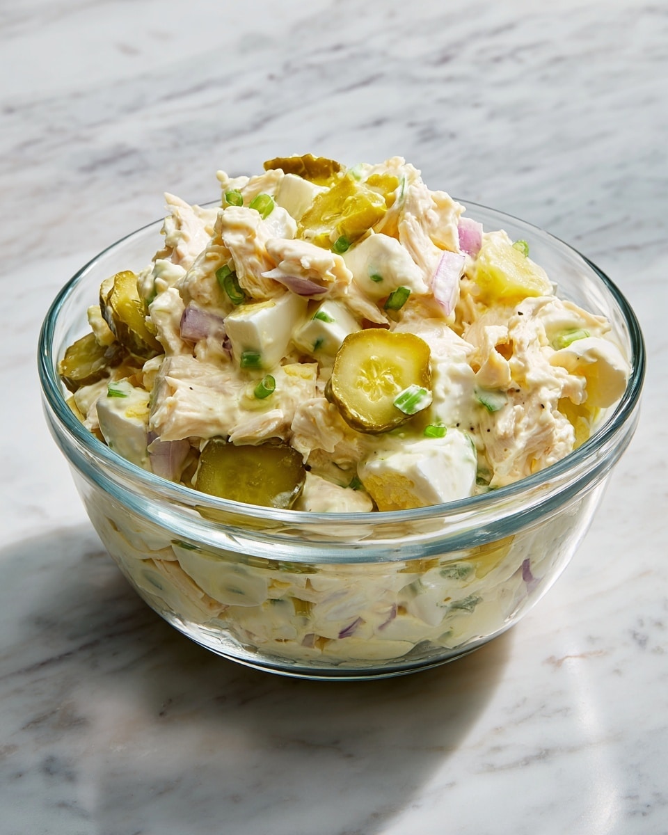 A clear glass bowl holds a mixed salad with about three visible layers of ingredients blended together: creamy light yellow dressing, small pieces of pale pink chicken, soft yellow egg chunks, bright green sliced scallions, and muted green pickle slices. The salad looks thick and creamy, with uneven textured bits spread across the bowl's inside, set on a white marbled surface. photo taken with an iphone --ar 4:5 --v 7