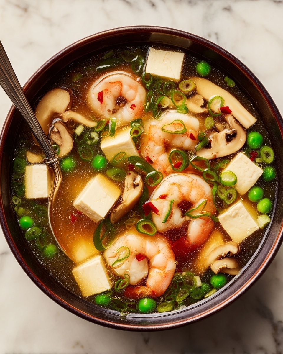 This dish is a close-up view of a soup served in a dark bowl, placed on a white marbled surface. The soup has several layers including pink shrimp curled up, green peas scattered throughout, white tofu cubes with a smooth texture, and long, thin beige mushrooms. There are also thin slices of crab sticks with red edges and white centers mixed in. On top, there are finely sliced green onions sprinkled evenly. A silver spoon rests inside the bowl, partially visible on the left side. The soup broth is light and clear, slightly glossy, allowing the ingredients to be seen well. photo taken with an iphone --ar 4:5 --v 7