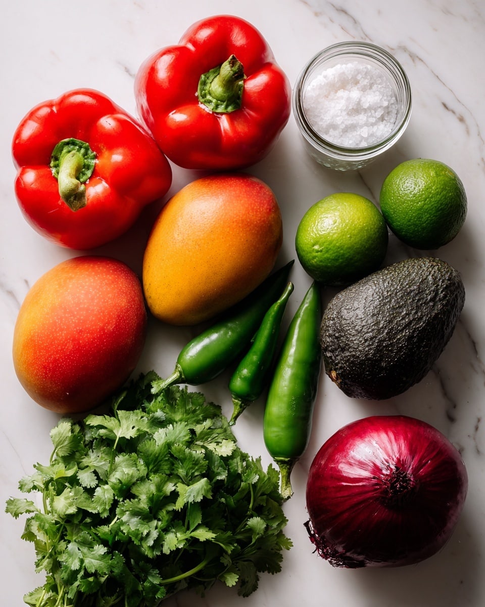The image shows fresh ingredients laid out on a white marbled surface. There are two bright red bell peppers at the top left, with two ripe mangoes close by showing a gradient of red, orange, and yellow. To the right, there is a small glass jar filled with white salt, three green limes, and a dark green avocado with a rough texture. Below, a large bunch of fresh green cilantro sits next to two green jalapeño peppers. On the bottom right, there is a whole red onion with a shiny, smooth surface. All ingredients are vibrant and fresh. photo taken with an iphone --ar 4:5 --v 7