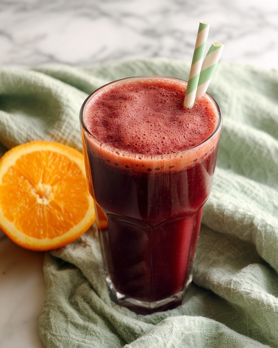 A tall clear glass is filled with a deep red juice with a smooth texture and a little foam on top. A white and green striped paper straw stands inside the glass. Behind the glass, part of a sliced orange shows its bright orange color, and a soft green cloth is placed next to it on a white marbled surface. photo taken with an iphone --ar 4:5 --v 7