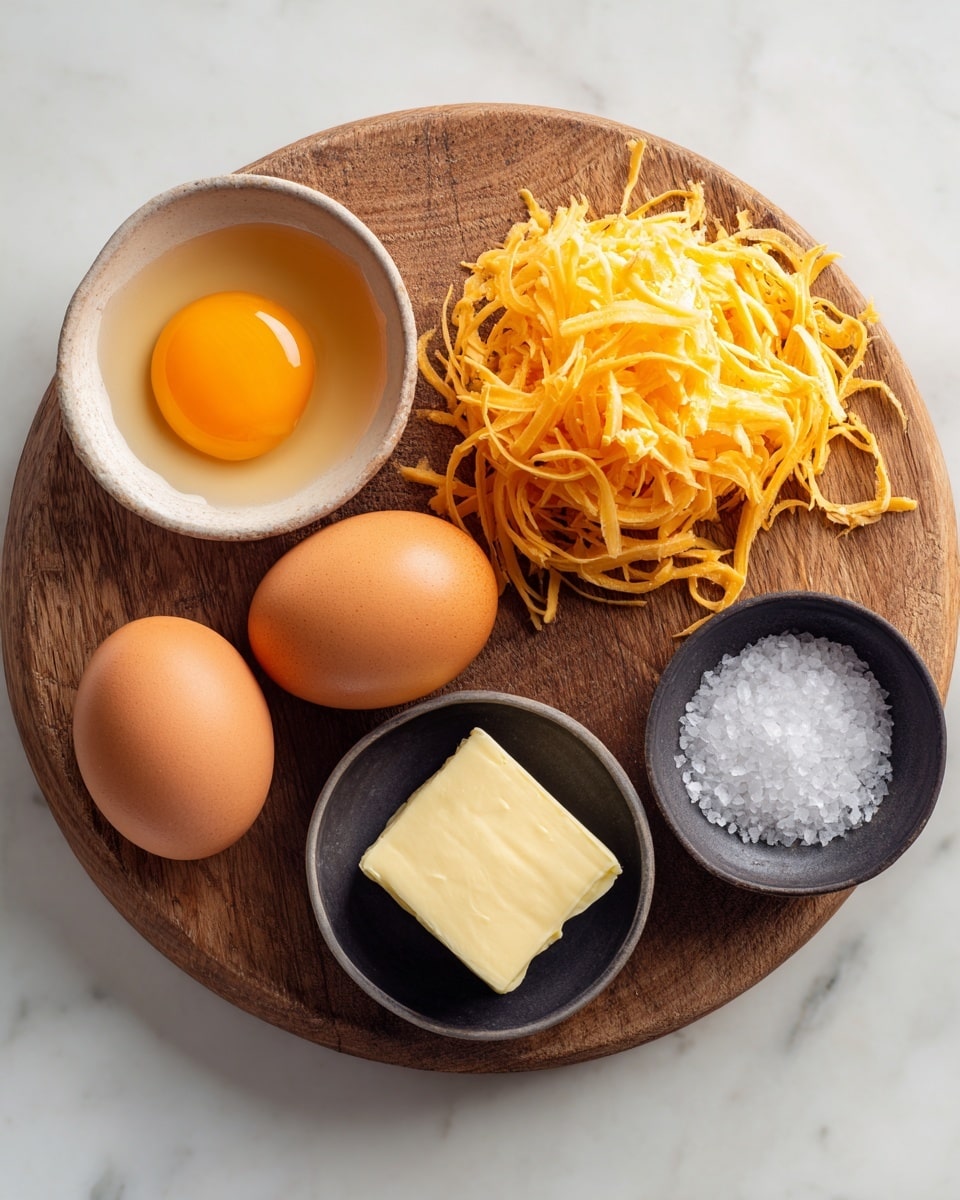 A round wooden board placed on a white marbled surface holds five ingredients, arranged neatly. On the left side, there is a small bowl with a bright orange egg yolk inside it, next to it are two whole brown eggs sitting directly on the board. Above the whole eggs is a pile of shredded orange cheese with thin, uneven strands. To the right, there is a small dark bowl filled with coarse white salt crystals, and below it, another dark bowl with a small square of pale yellow butter. The textures are clear, with the cheese looking soft and shredded, the eggs smooth, and the salt rough. The photo taken with an iphone --ar 4:5 --v 7