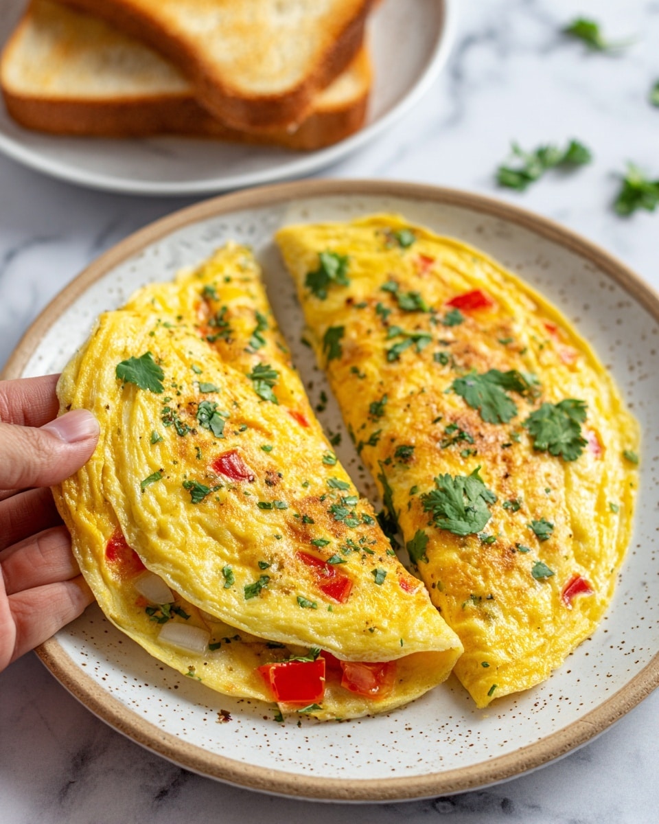 The image shows two folded yellow omelettes with a slightly browned, soft texture on a round white plate with speckles. The omelettes have colorful pieces of red tomato, green herbs, and small white onion cubes mixed inside and sprinkled on top. Fresh green cilantro leaves decorate the omelettes. In the background, a woman's hand is lifting one omelette, and behind it, there is a white plate holding three thick slices of toasted bread with a golden crust. The surface beneath the plates is a white marbled texture. photo taken with an iphone --ar 4:5 --v 7