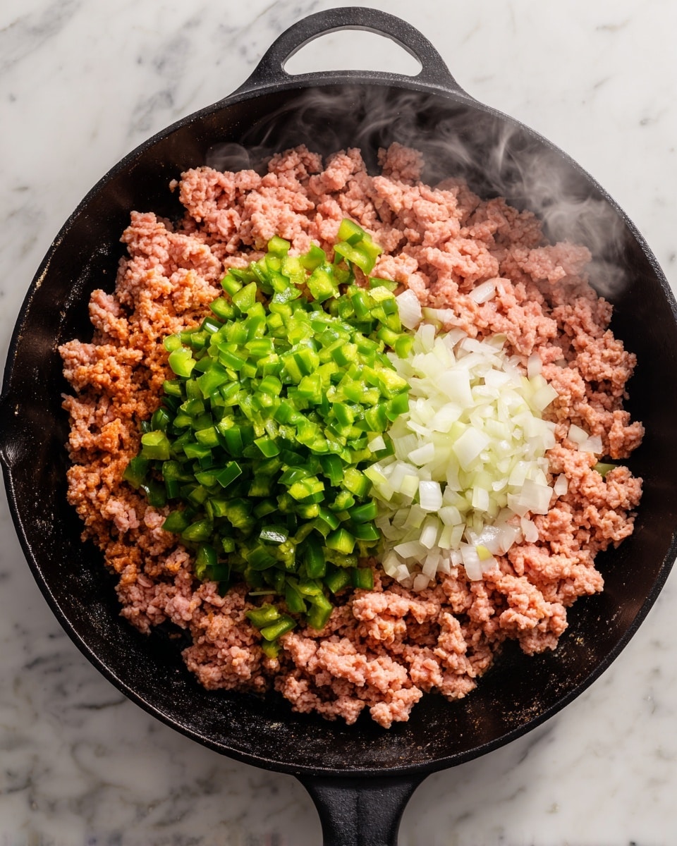 The image shows two layers of cooking in a large black cast iron pan on a white marbled surface. The top layer displays raw ground meat in a soft pink color filling the pan evenly with a slightly moist texture. In the bottom layer, the meat has turned brown and crumbly, mixed with two piles of diced vegetables: one bright white pile of onions and one vibrant green pile of bell peppers, both placed on top of the cooked meat in the center of the pan. The black pan contrasts with the colors of the ingredients, and there is soft steam rising from the cooking food. Photo taken with an iphone --ar 4:5 --v 7