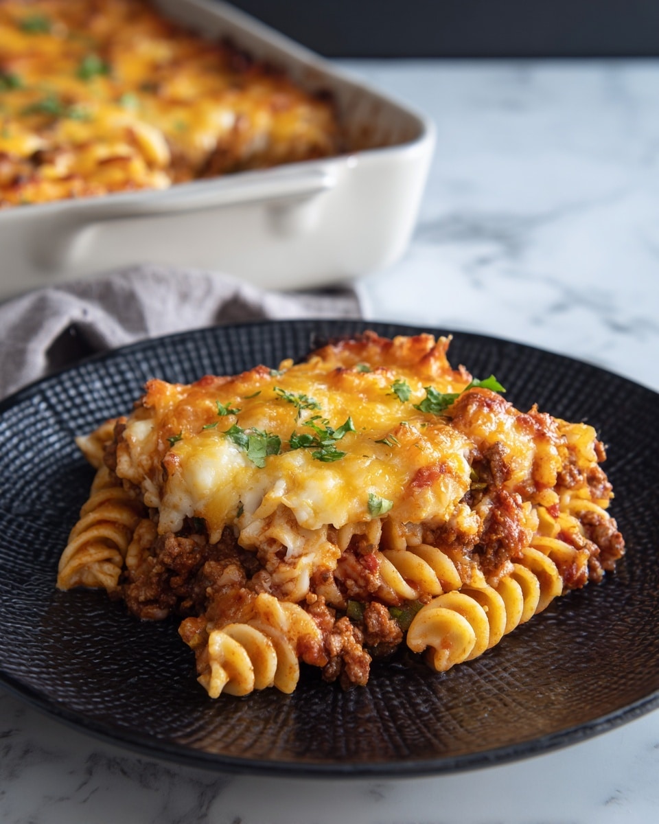 A serving of baked pasta casserole with three visible layers sits on a black textured plate on a white marbled background. The bottom layer shows spiral pasta mixed with a reddish-brown meat sauce with bits of green bell pepper visible. The middle layer has more pasta and meat sauce, blending with melted cheddar cheese that forms the thick top layer. The surface is golden-orange with sprinkled chopped green herbs, adding a pop of color. Behind the plate, a white ceramic baking dish with a similar cheesy top layer is partially visible. photo taken with an iphone --ar 4:5 --v 7
