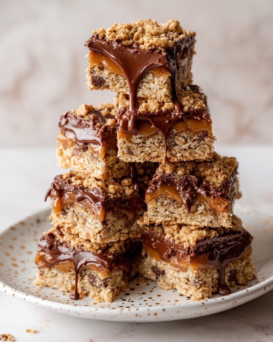The image shows a stack of seven oatmeal bars on a white plate with small gold dots. Each bar has three clear layers: a crumbly golden oat top layer, a middle layer with gooey caramel and melted chocolate pieces dripping slightly, and a dense oat and chocolate chip base layer. The caramel looks shiny and sticky, blending into the textured oats. The background and surface are white marble. photo taken with an iphone --ar 4:5 --v 7
