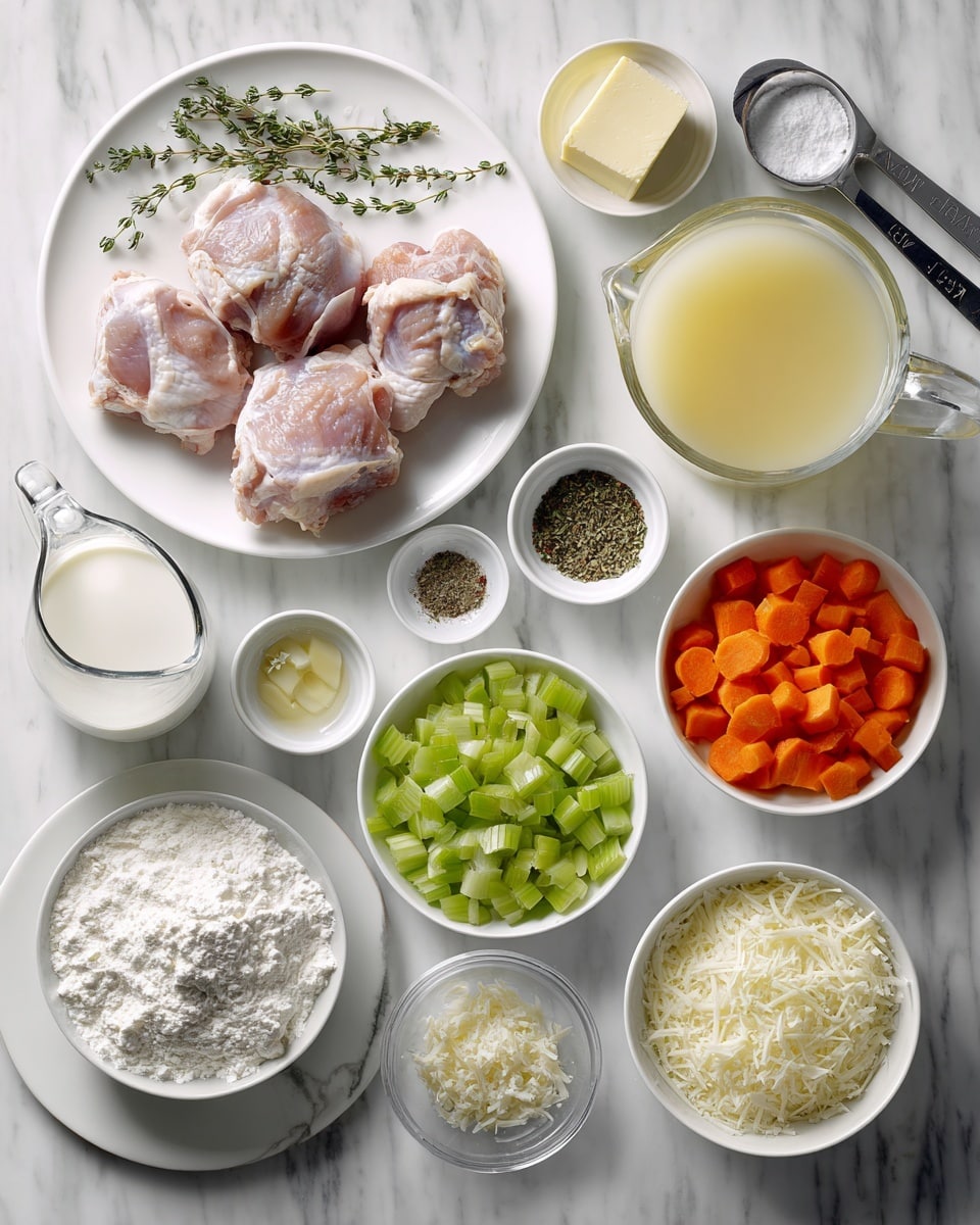 The image shows a white marbled surface with 13 ingredients arranged neatly in white bowls and plates. At the center-left, there is a white plate with three raw chicken pieces topped with two sprigs of thyme. Around it, there are small white bowls with bright green chopped celery at top right, orange carrot chunks below the celery, finely chopped white onion below the carrot, and grated parmesan cheese in a small bowl at bottom right. To the left of the parmesan, a clear glass jug is filled with white milk, and next to it, a clear glass measuring cup contains pale yellow chicken broth. Above the broth, there is a small bowl of white flour. Near the top center, three tiny white bowls hold minced garlic, black pepper, and thyme, respectively. At top left, a white plate has a scoop of yellow butter. A small bowl with light yellow stock powder is near the butter. A silver measuring cup with white wine sits near the top center above the carrots. Each ingredient is labeled with dark blue tags. The whole setting is clean and brightly lit. Photo taken with an iphone --ar 4:5 --v 7