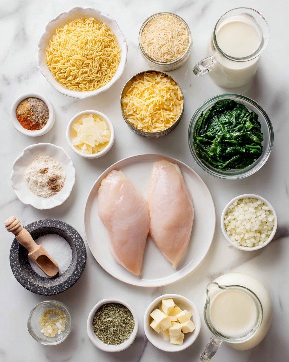The image shows various cooking ingredients neatly arranged on a white marbled surface. In the center is a white plate with two raw, pale pink chicken breasts. Surrounding the plate are small white bowls and glass containers holding different ingredients: golden orzo pasta, light yellow cheddar cheese soup in two cans, bright green baby spinach, clear light broth, minced pale yellow garlic, creamy white butter cubes, and finely chopped white onion. There are also tiny white dishes with spices in powder form including dried mustard, red paprika, green parsley, light green thyme, black pepper in a small dark stone bowl with a wooden scoop, coarse white salt in a small white bowl, and a transparent container of golden oil. A small glass of creamy white whole milk is also present. Each ingredient is labeled with bold black text. The clean and organized layout highlights the fresh and varied colors and textures of the ingredients. photo taken with an iphone --ar 4:5 --v 7