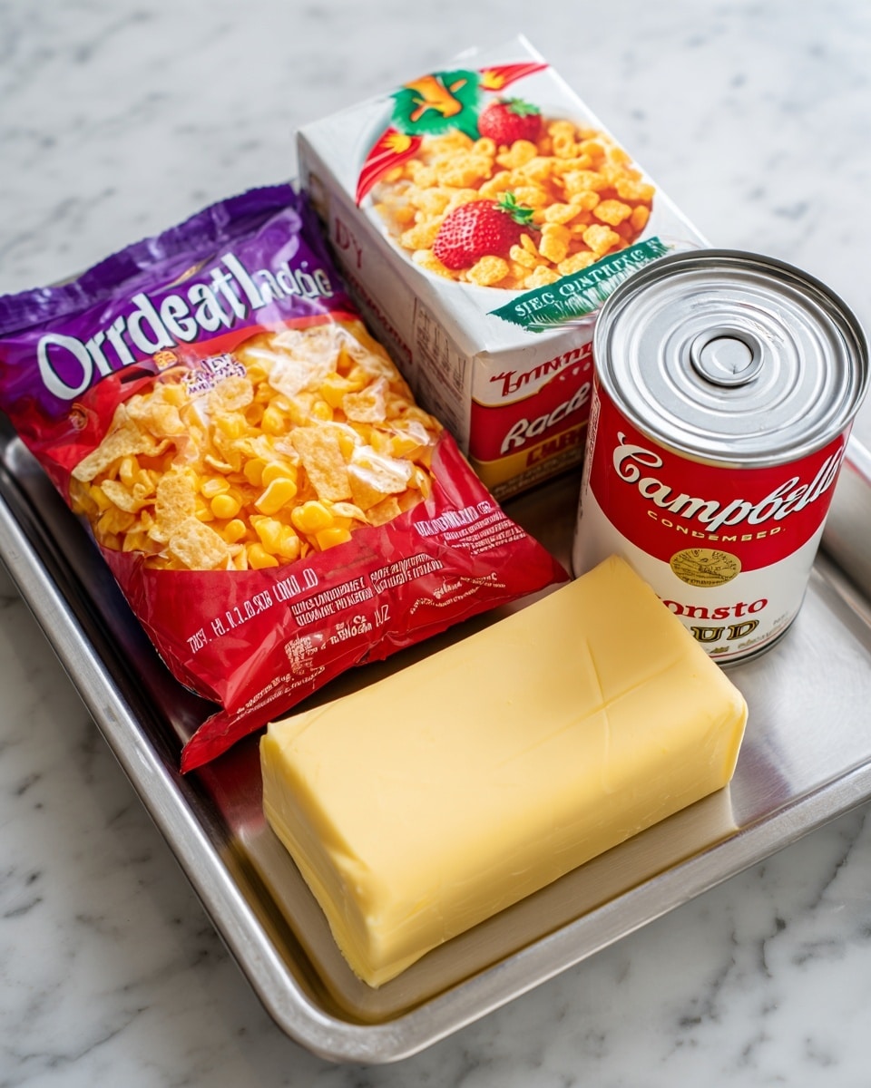 The image shows a close-up of four cooking ingredients placed together in a silver metal tray on a white marbled surface. At the front right is a yellow block of unsalted sweet cream butter with visible measurement markings on the wrapper. Slightly behind and to the right is a red and white Campbell’s condensed cream of chicken soup can. To the left is a large mostly red and purple package of Ore-Ida diced hash browns, with an image of golden diced potatoes on the front. At the back, a white box of corn flakes cereal stands upright, featuring a green and orange bird logo, and bright golden corn flakes with strawberries on the box. The overall scene is well-lit with sharp, bright colors. Photo taken with an iphone --ar 4:5 --v 7