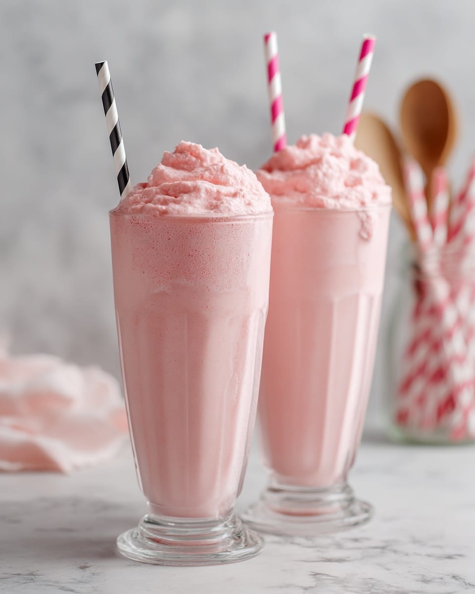 Two tall clear glasses filled with a frothy pink milkshake, with the foam slightly overflowing and dripping down the sides. Each glass has two striped paper straws, one pink and white, and the other black and white, placed inside. The background features a white marbled surface with a blurred jar holding pink and white paper straws and wooden spoons. The texture of the milkshake looks creamy and light with small bits visible throughout. photo taken with an iphone --ar 4:5 --v 7
