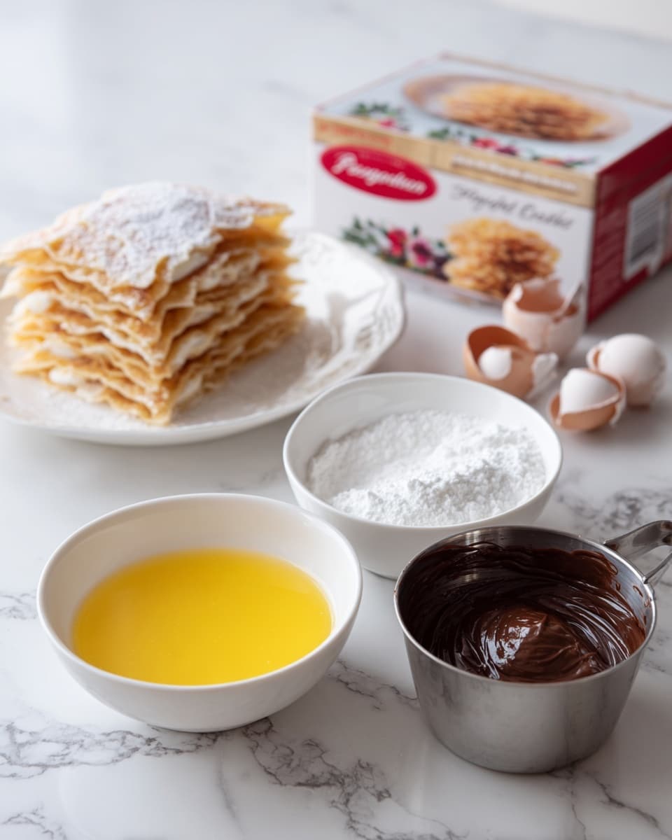 The image shows three small white bowls on a white marbled surface, each containing a different cooking ingredient: a white bowl filled with beaten yellow egg wash, a white small bowl with white powdered sugar, and a metal measuring cup holding smooth dark brown chocolate spread. Behind these, there is a box of Pepperidge Farm Puff Pastry Sheets with a red and white design and an image of a layered puff pastry dessert on a white plate. The photo was taken with an iphone --ar 4:5 --v 7