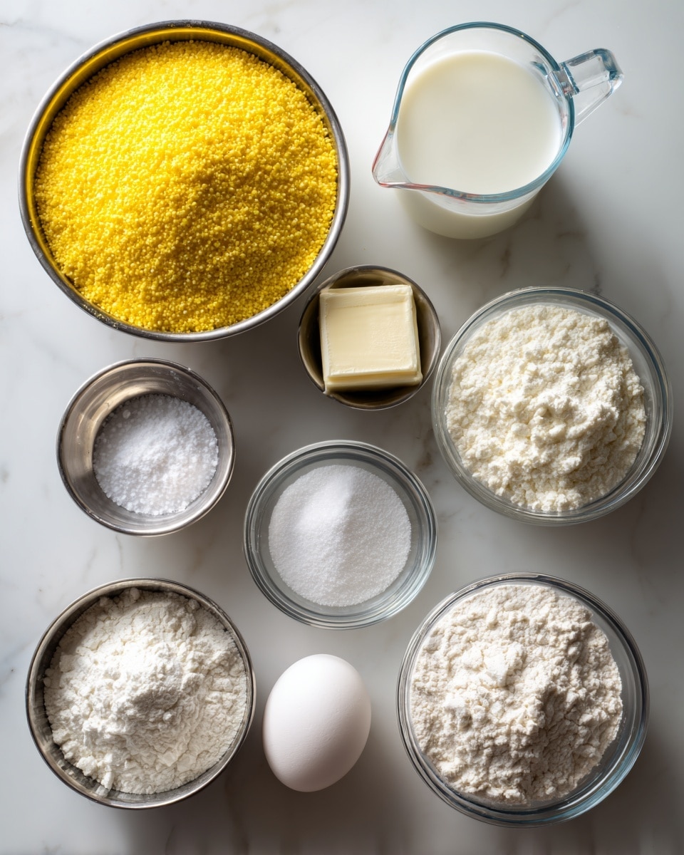 The image shows a metal surface with several measuring cups and small glass bowls arranged in a neat group. On the left, a metal cup holds bright yellow cornmeal with a rough texture, next to a clear plastic measuring cup filled to one cup with a white liquid. Next to the liquid are two small metal cups, one with white granulated sugar and the other with a soft white solid, likely butter. A white egg is placed in the center behind four small round clear glass bowls, which contain white powdery baking soda, a little salt, and what looks like sour cream or yogurt with a smooth, creamy texture. Another metal cup on the right holds white flour. The whole setup is on a white marbled surface, with soft natural light highlighting the contents. photo taken with an iphone --ar 4:5 --v 7