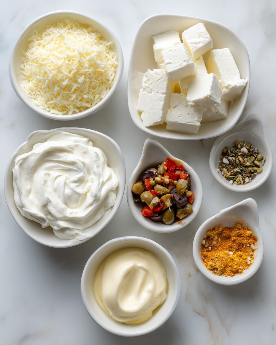 A top-down view of six small white bowls arranged on a white marbled surface, each containing a different ingredient: one bowl holds finely grated Parmesan cheese with a light, fluffy texture and pale yellow color; another has cubed cream cheese in white chunks; a third bowl is filled with smooth, thick white sour cream with slight swirls on top; a bowl of chopped olives mixed with small pieces of red peppers showing green and red colors; a small bowl of light tan olive brine with a smooth liquid surface; and a small bowl with various dry spices in yellow and orange shades sprinkled side by side. photo taken with an iphone --ar 4:5 --v 7