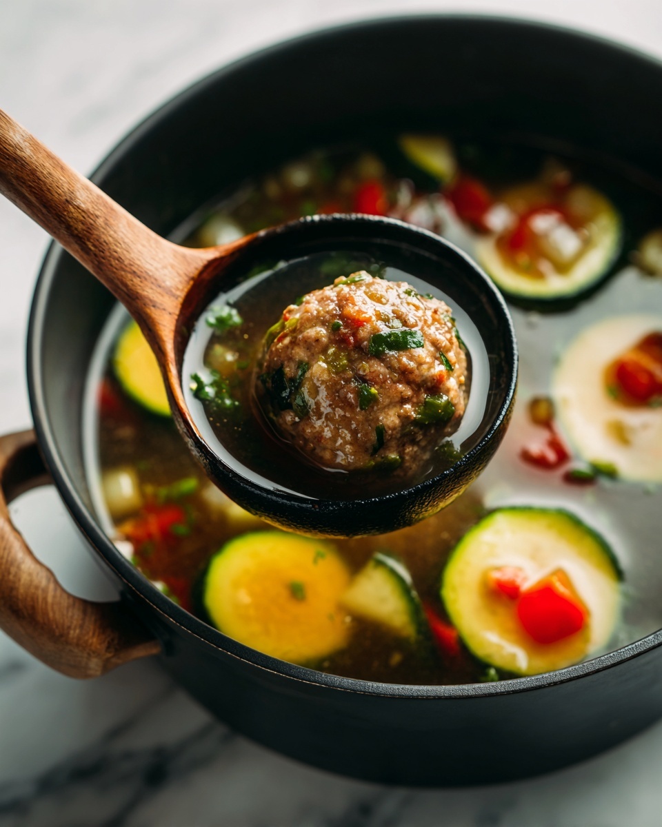 A black ladle holds a large meatball with a rough texture and some green herbs inside, floating in clear broth. Next to the meatball, there is a light green zucchini slice with a smooth, firm texture and diced red tomatoes. The background shows more zucchini slices and small vegetable pieces floating in the clear broth inside a pot, all on a white marbled surface. photo taken with an iphone --ar 4:5 --v 7