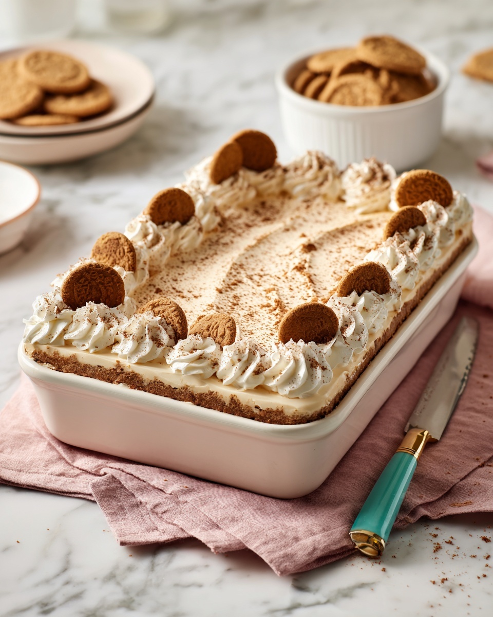 A rectangular dessert dish with a smooth, light beige cream layer spread evenly on top, sprinkled with small brown crumbs. Around the edges of the dish, there is a piped border of white whipped cream, decorated with whole and halved brown cookies placed evenly on the cream border. The dish sits on a soft pink cloth on a white marbled surface, with some whole cookies in a white bowl visible in the background, along with a knife with a teal and gold handle nearby. Photo taken with an iphone --ar 4:5 --v 7