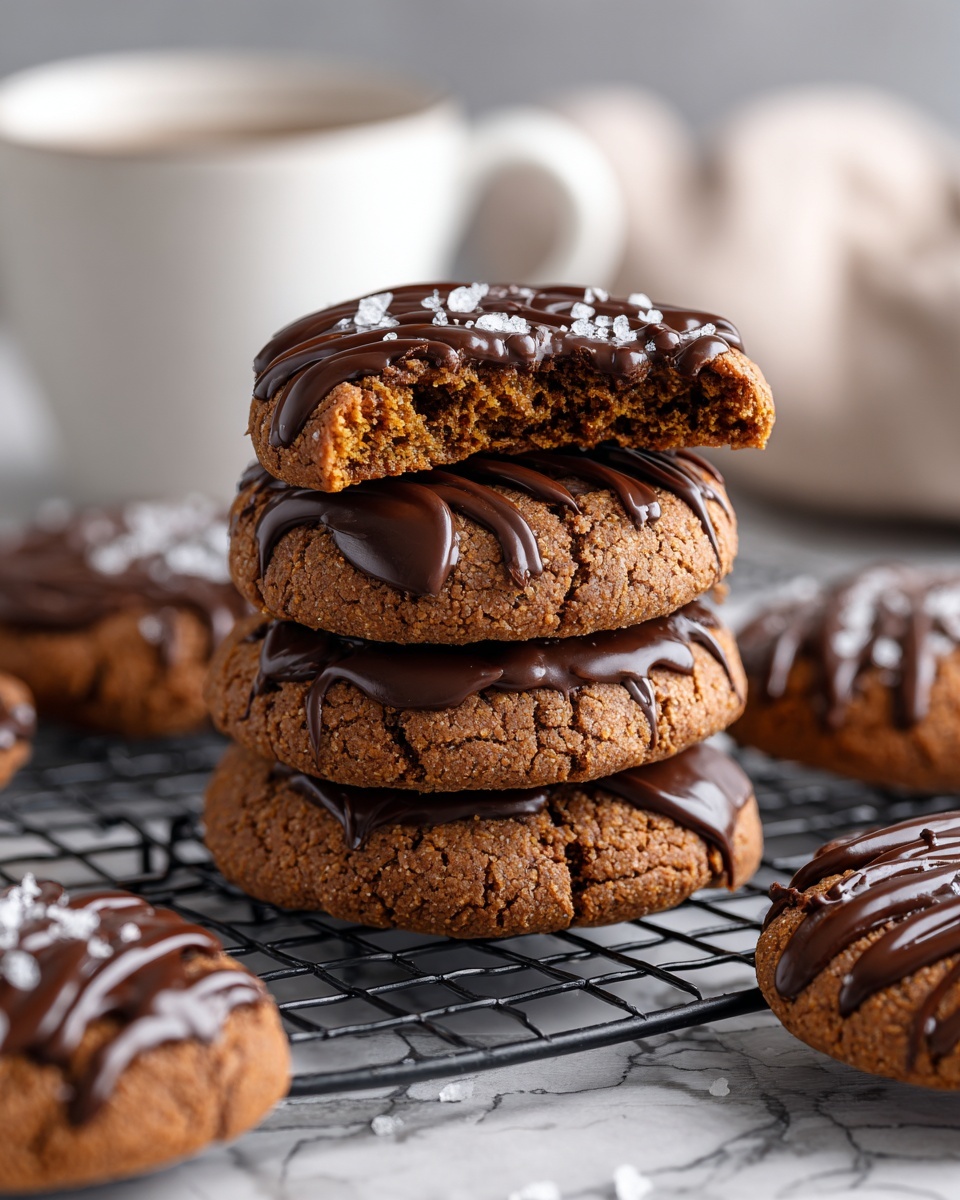 A stack of four thick, soft brown cookies sits on a black cooling rack over a white marbled surface. The top cookie has one half eaten, showing a crumbly inside and a smooth, glossy layer of melted chocolate on top with dark chocolate drizzle lines. Surrounding the stack are more of the same cookies, each with a glossy chocolate cooking layer and drizzled dark chocolate lines, some with small salt flakes on top. In the blurred background, two white mugs partially appear. Photo taken with an iphone --ar 4:5 --v 7