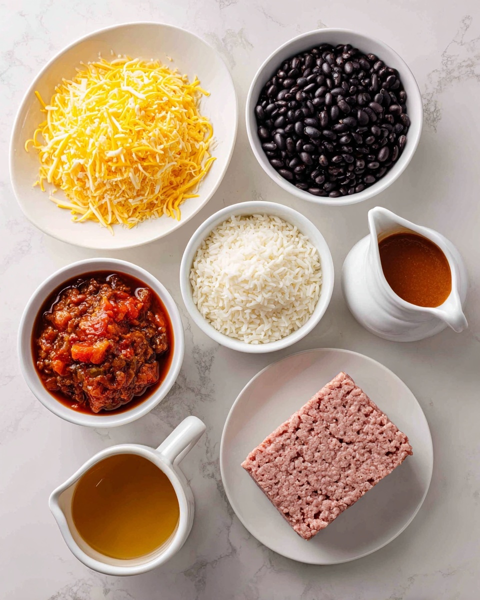The image shows several small white bowls and a white plate arranged on a white marbled surface, each holding different cooking ingredients. In the center is a bowl filled with shredded yellow cheese, to its right is a white plate with a flat block of pinkish ground beef. Above the cheese bowl, there is a bowl filled with black beans, next to it on the right is a bowl of white rice. To the left of the beans, a bowl contains chunky red Rotel tomatoes, and above it is a small bowl with light brown taco seasoning powder. At the top right, there is a small white pitcher filled with reddish enchilada sauce, and at the bottom left, another white pitcher holds a golden-brown broth. All elements are clearly separated and neatly displayed. Photo taken with an iphone --ar 4:5 --v 7