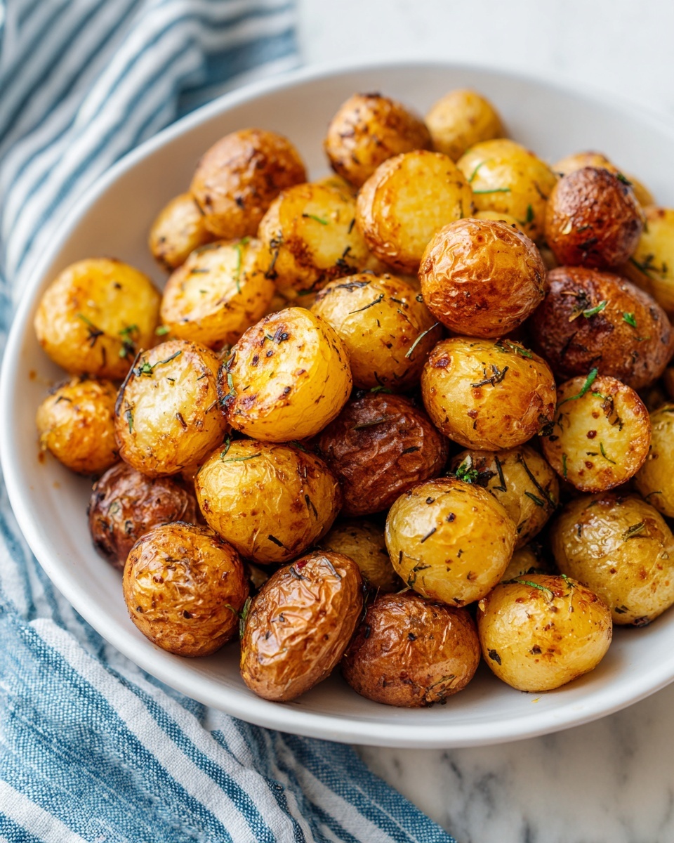 A white bowl full of small roasted potatoes with a crispy golden brown skin, some showing darker brown spots and herbs on the surface. The potatoes have mixed textures with some skins smooth and shiny, while others are rougher and more wrinkled. The bowl is placed on a white marbled background with a blue and white striped cloth nearby. The potatoes fill the bowl in layers, with the top layer showing the most color and texture details. photo taken with an iphone --ar 4:5 --v 7