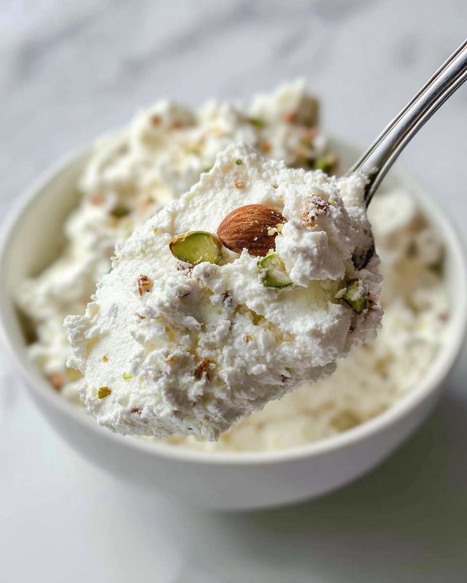 A close-up of a spoon holding a fluffy white creamy mixture with visible small pieces of light brown nuts and green bits, with a white bowl filled with the same creamy mixture blurred in the background on a white marbled surface. The texture looks soft and airy, and the spoon is metal and angled towards the camera photo taken with an iphone --ar 4:5 --v 7