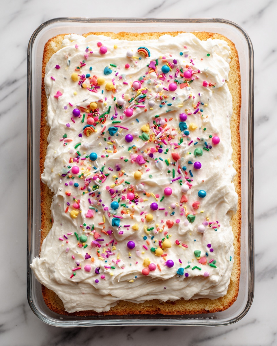 A rectangular cake is shown in a clear glass baking dish, sitting on a white marbled surface. The cake has two main layers visible: a golden-brown base layer and a thick white frosting layer on top. The frosting is smooth but with some soft swirls, and it is covered with colorful sprinkles in different shapes, including rainbows, hearts, and small round balls in pastel and bright colors like pink, blue, yellow, green, and purple. The sprinkles are spread evenly across the entire surface of the frosting. photo taken with an iphone --ar 4:5 --v 7
