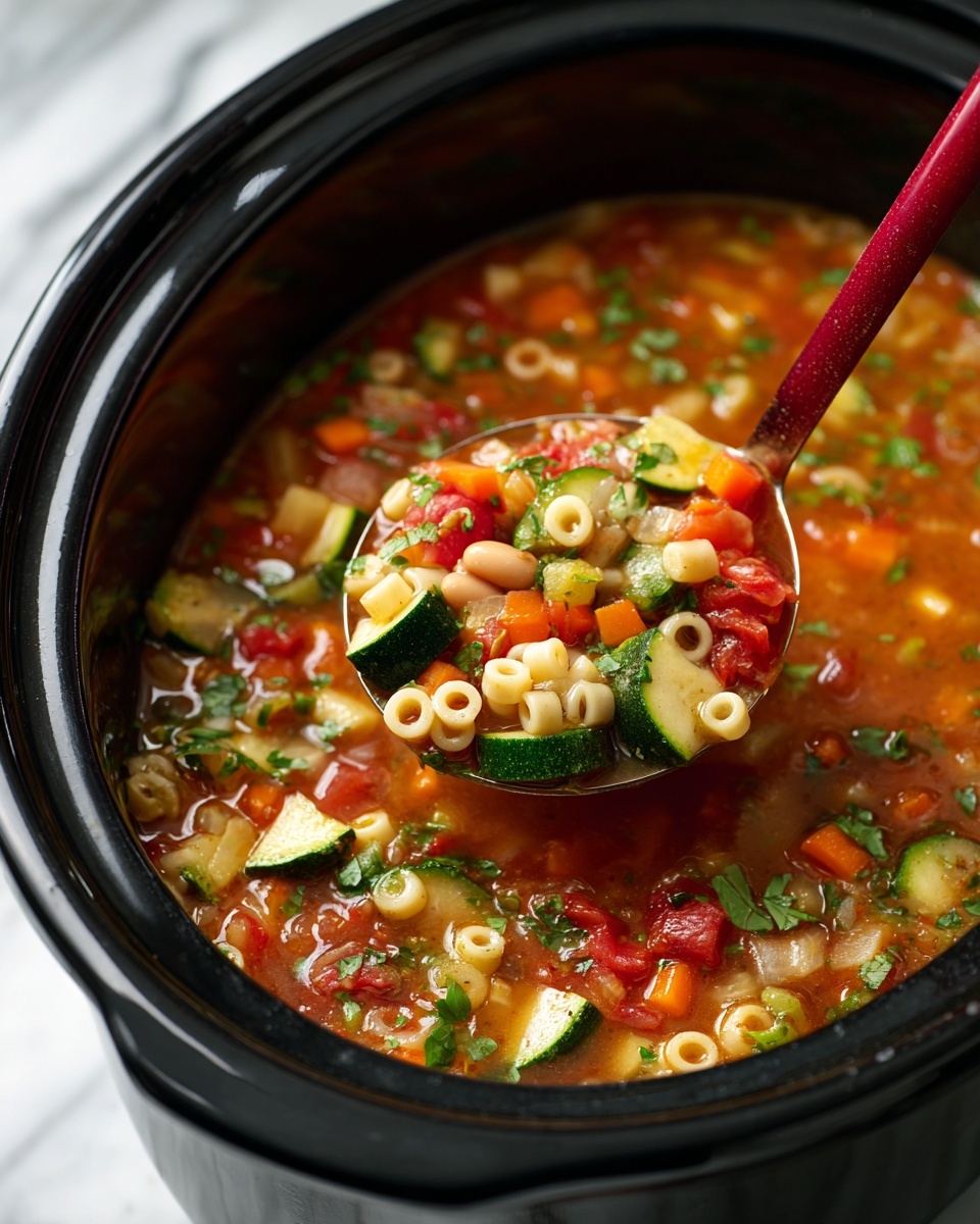 The image shows a close-up of a black slow cooker filled with a colorful vegetable soup. A red spoon is lifting a scoop of the soup, revealing layers of small white pasta rings, chopped red tomatoes, green zucchini, orange carrots, white beans, and fresh green herbs, all mixed in a thick orange broth. The soup looks chunky with visible pieces of vegetables floating on the surface inside the slow cooker. The background is a white marbled texture. photo taken with an iphone --ar 4:5 --v 7