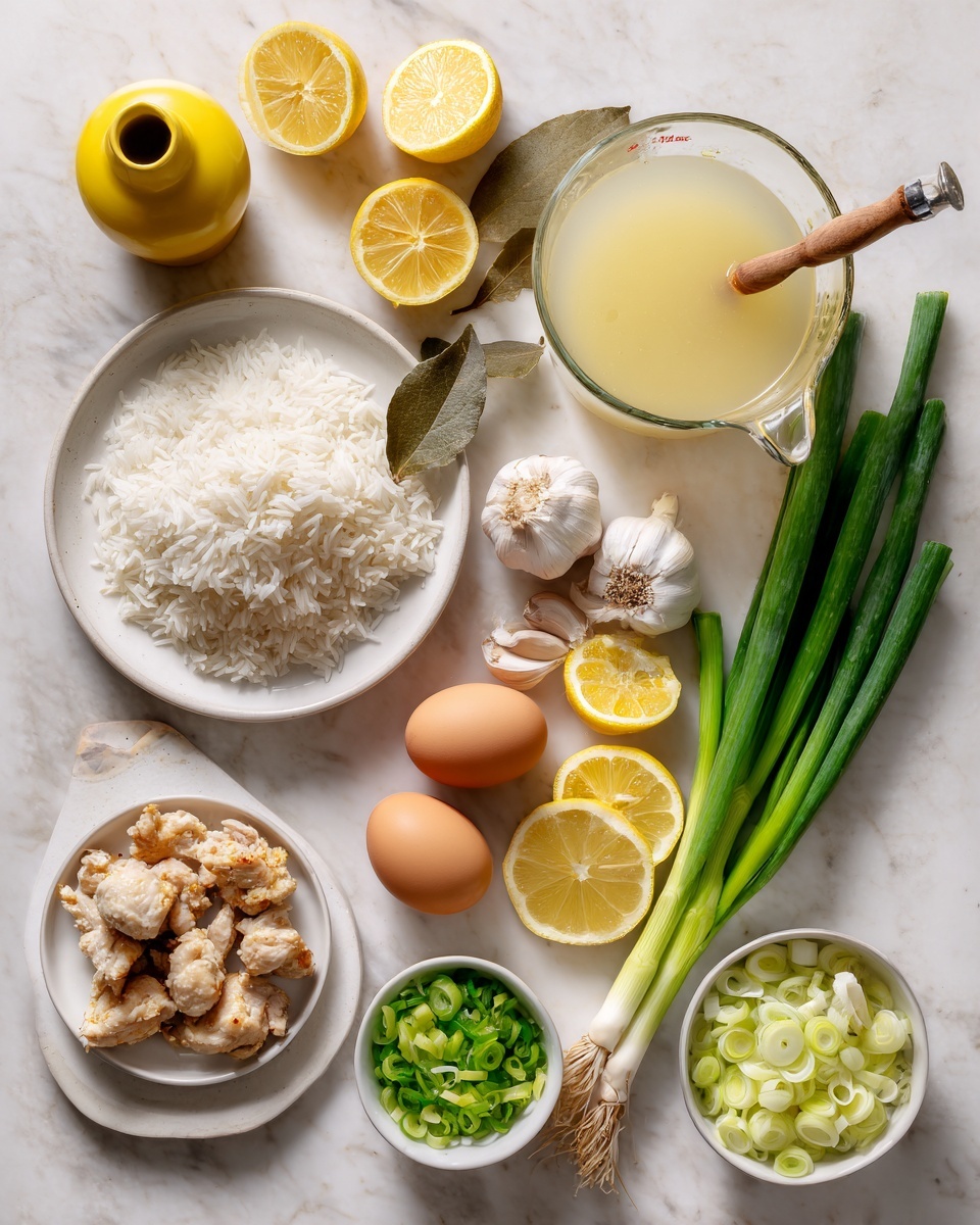 The image shows various ingredients arranged neatly on a white marbled surface. On the bottom left, a white plate holds small pieces of cooked chicken with a golden-brown texture. Directly above it, a white bowl contains soft, fluffy white rice. To the right of the rice, a dried bay leaf lies flat on the surface. Near the center, three brown egg yolks rest close to a wooden lemon squeezer and several lemon wedges with bright yellow skin and juicy pulp. Above the lemons, a cluster of whole garlic cloves is placed next to a glass measuring cup filled with pale yellow chicken broth. To the right of the broth, a bunch of green onions with long, thin stalks stretches diagonally across the surface, with a small white bowl below it filled with thinly sliced green onions. Next to this, another small white bowl holds bright green chopped celery. At the bottom right, a small bowl contains chopped yellow onions with a soft white color and slightly translucent texture. A yellow ceramic bottle of olive oil sits at the top left with a metallic pour spout. The overall layout is clean, with each ingredient clearly visible and spaced apart. photo taken with an iphone --ar 4:5 --v 7