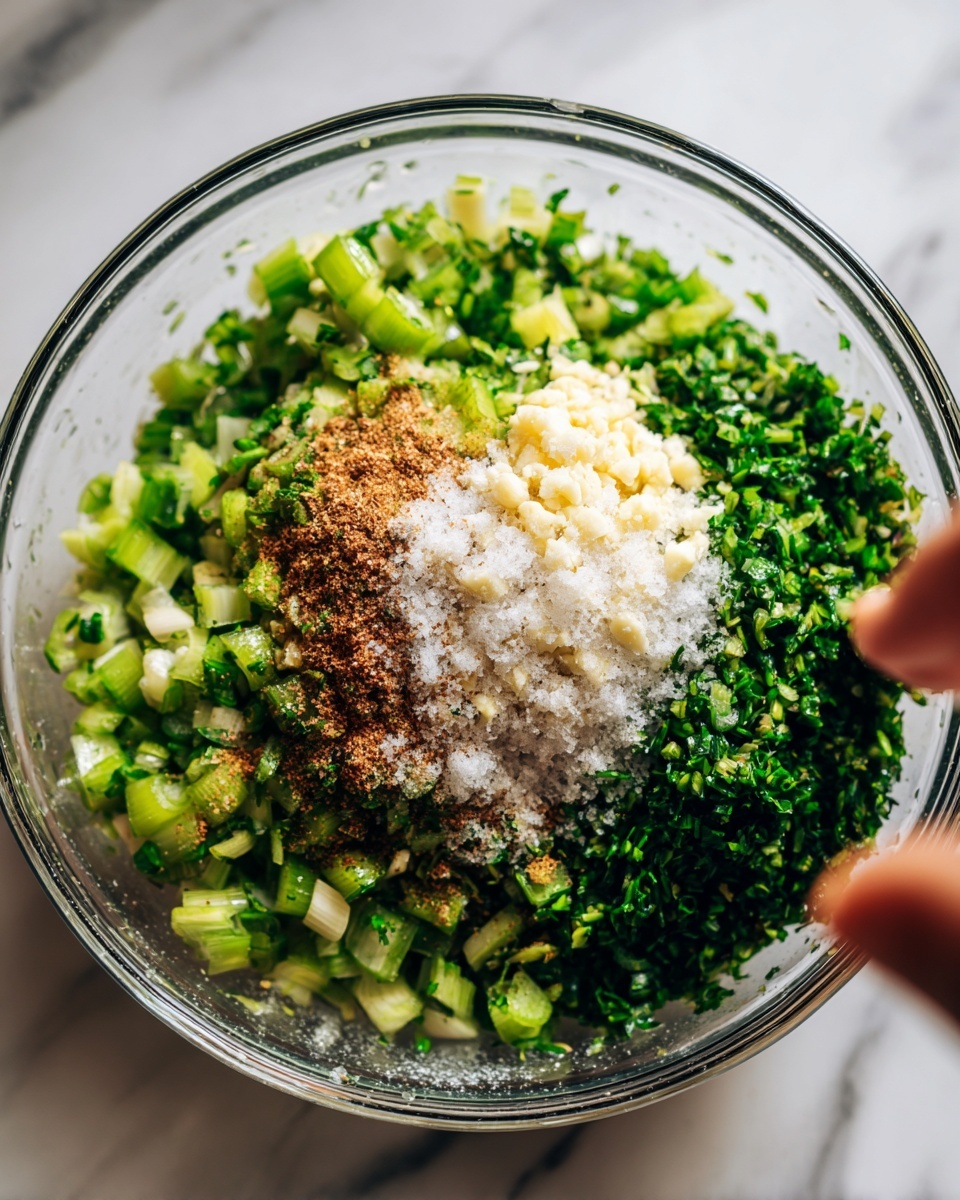 A clear glass bowl is filled with a mix of chopped green herbs and vegetables, including bright green leafy herbs, diced light green celery, and chopped green onions with visible rings. On top, there is a layer of finely minced garlic that is creamy white, spread unevenly around the center. Scattered over the garlic and the greens is a layer of coarse salt with bigger white crystals, and a dusting of brown spices creating a textured look. The bowl sits on a white marbled surface, with a blurred woman's hand reaching from the right side of the image. photo taken with an iphone --ar 4:5 --v 7