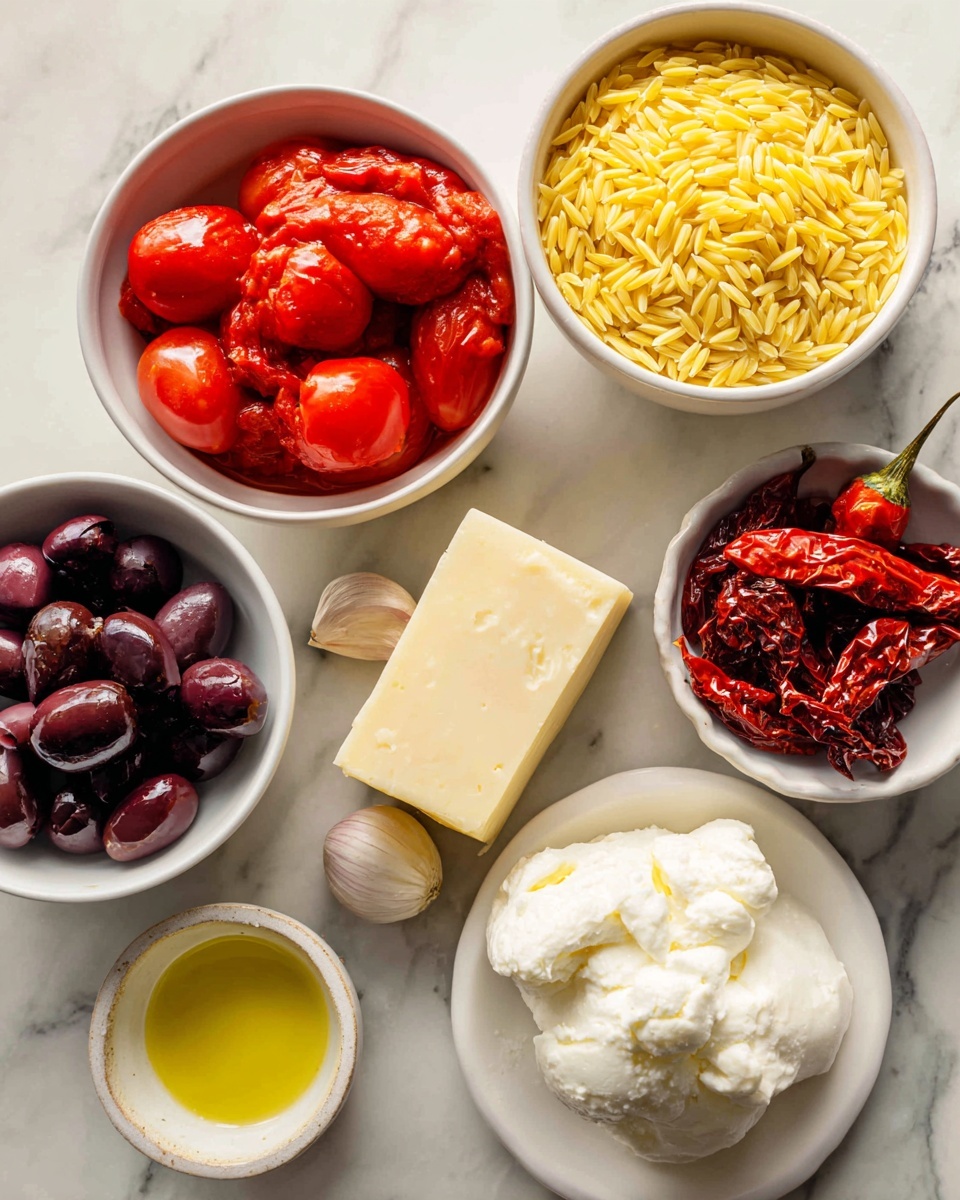 The image shows several white bowls and a white plate arranged on a white marbled surface, each containing a different ingredient. One bowl holds bright red tinned tomatoes with a smooth texture. Another bowl contains yellow orzo pasta grains, small and almond-shaped. There is a smaller bowl filled with dark purple olives, shiny and whole. A bowl with deep red sundried tomatoes shows wrinkled, oily pieces. Near the center, there are three white garlic cloves and a whole red chili pepper placed directly on the surface. A small bowl contains golden olive oil, clear and glossy. A white plate holds a solid block of pale yellow parmesan cheese with a slightly rough texture. The last bowl has soft, white mozzarella cheese with a creamy, uneven surface. photo taken with an iphone --ar 4:5 --v 7