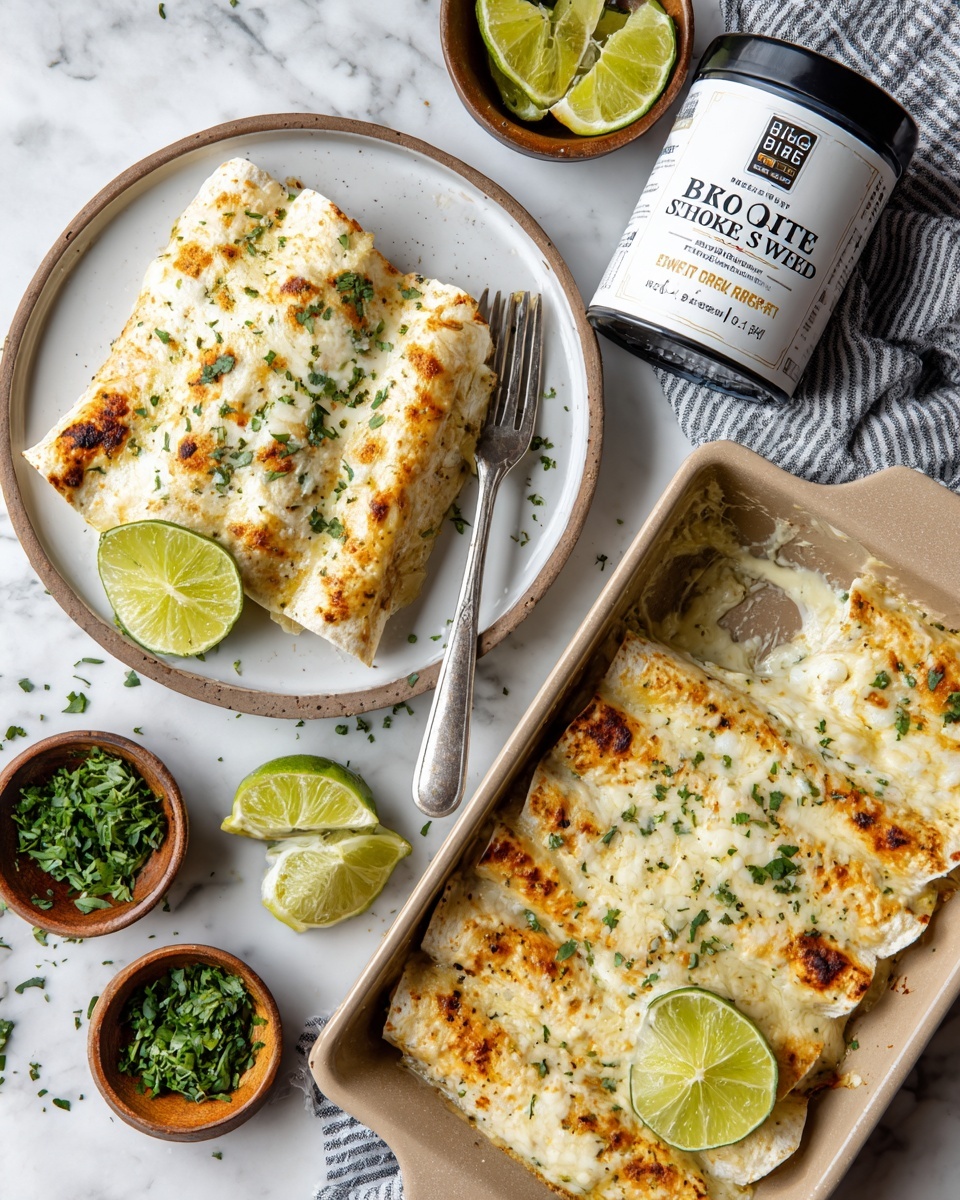 The image shows two white plates each with two enchiladas covered in melted white cheese with some browned spots and sprinkled green herbs on top. One plate has a silver fork resting on it and the other plate also has lime wedges placed on the side. A beige rectangular baking dish with several enchiladas covered in cheese has three lime slices on top in the corner, and a piece missing from one end. Around the plates, there are small bowls filled with chopped green herbs and lime wedges on a white marbled surface. A plastic container labeled 