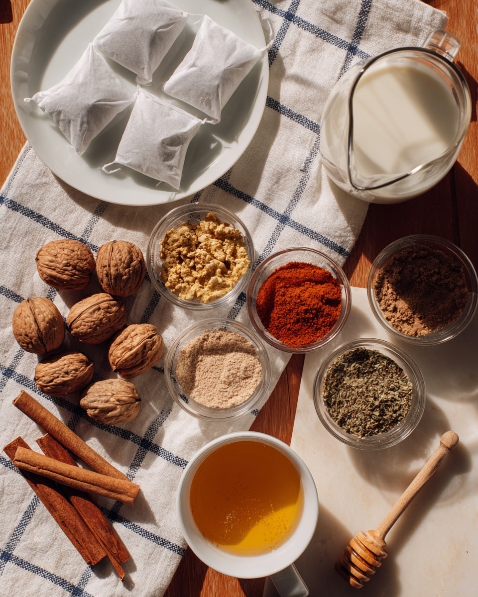 The image shows a wooden surface with a white marbled texture added in the background, featuring various ingredients for making chai. On the left, three white tea bags rest on a white plate on top of a white and blue checkered cloth. Below them, four whole walnuts sit on the cloth, next to a white cup filled with dark brown vanilla extract. Towards the center, a clear glass pitcher holds white milk. Surrounding it are three small white bowls on the right side, each filled with different powders—light beige, bright orange-red, and a mix of greenish and beige spices with coarse texture. Two small clear glass bowls contain a brown powder and a cinnamon-colored powder. At the bottom right, a white cup filled with golden honey has a yellow honey dipper inside it. Three cinnamon sticks lay horizontally next to the cup. The lighting is natural and soft, with shadows giving depth to the ingredients. Photo taken with an iphone --ar 4:5 --v 7